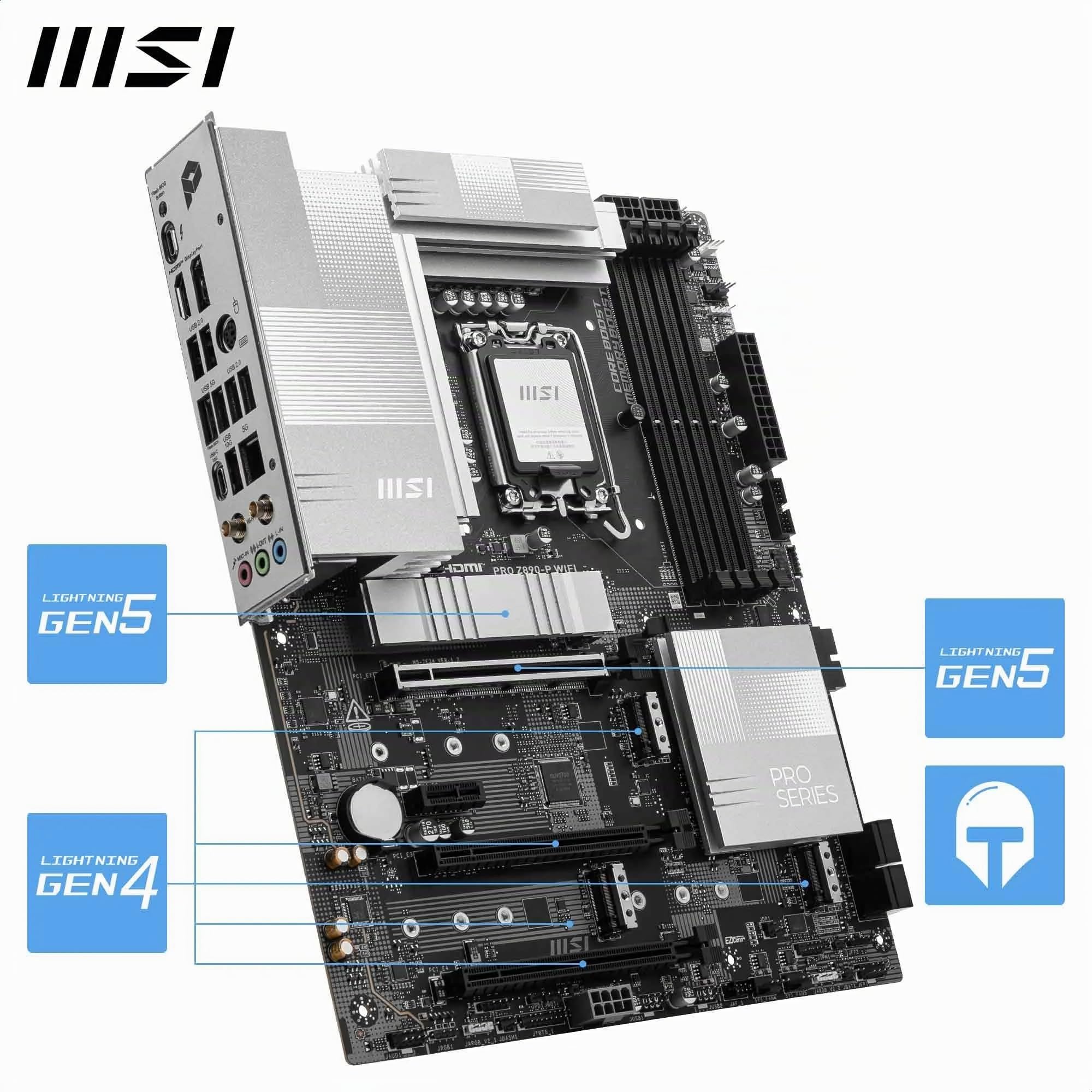 MSI Pro Z890-P WiFi Carte mère, ATX - pour processeurs Intel Core Ultra (série 2), LGA 1851 - DrMOS 55A, Mémoire DDR5 (9200+MT/s OC), PCIe 5.0 x16 & 4.0 x16, M.2 Gen5, Thunderbolt 4, Wi-FI 7, 5G LAN