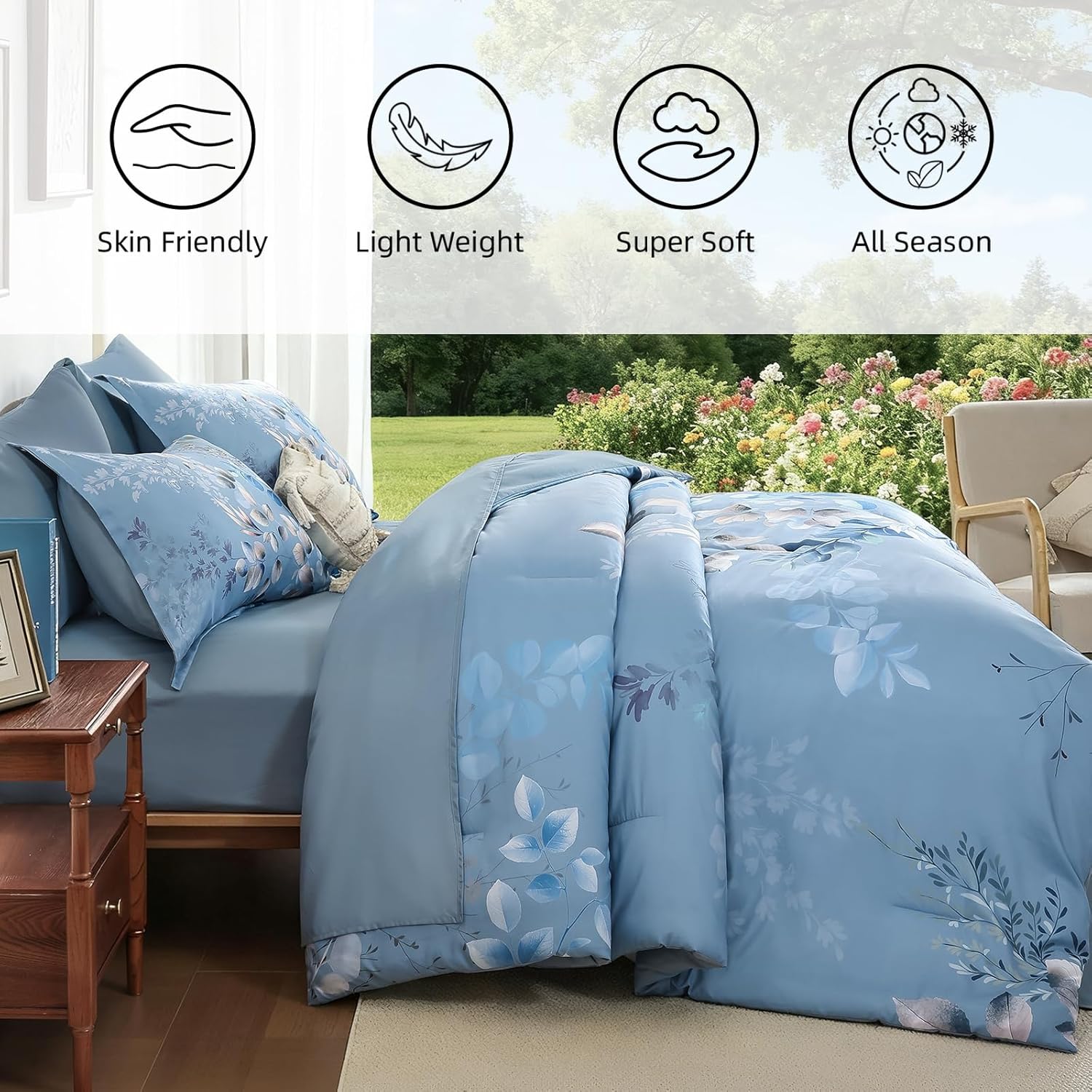 Xruibed Blue Comforter Set King Size 7 Pieces Bed in a Bag, Botanical Floral Print Bed Sets, Elegant Flower Comforter with Sheet Set, Soft Microfiber Bedding Set for All Season (Blue, 104"x90") - Image 3