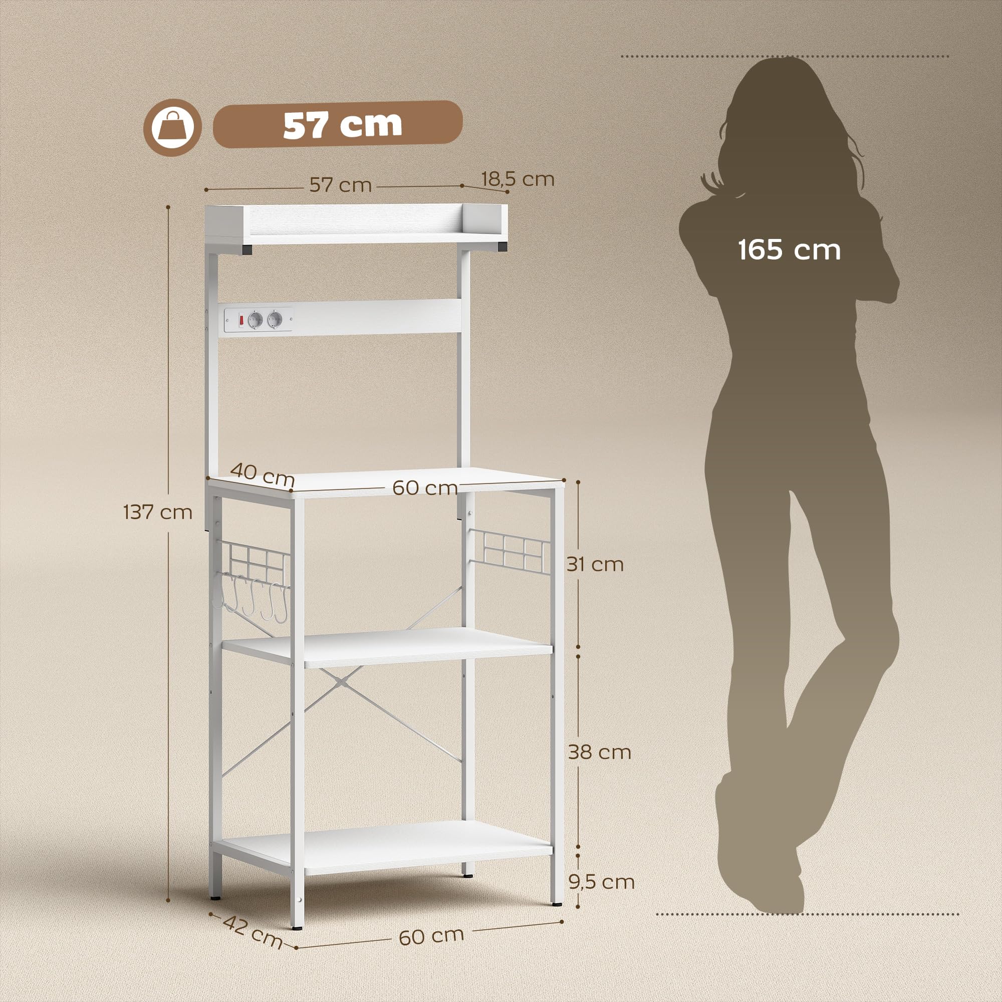 HOMCOM Scaffale da cucina con 2 prese elettriche, scaffale industriale da panetteria con postazione caffè, ripiano per microonde, ripiano regolabile, ganci, 60x42x137 cm, bianco