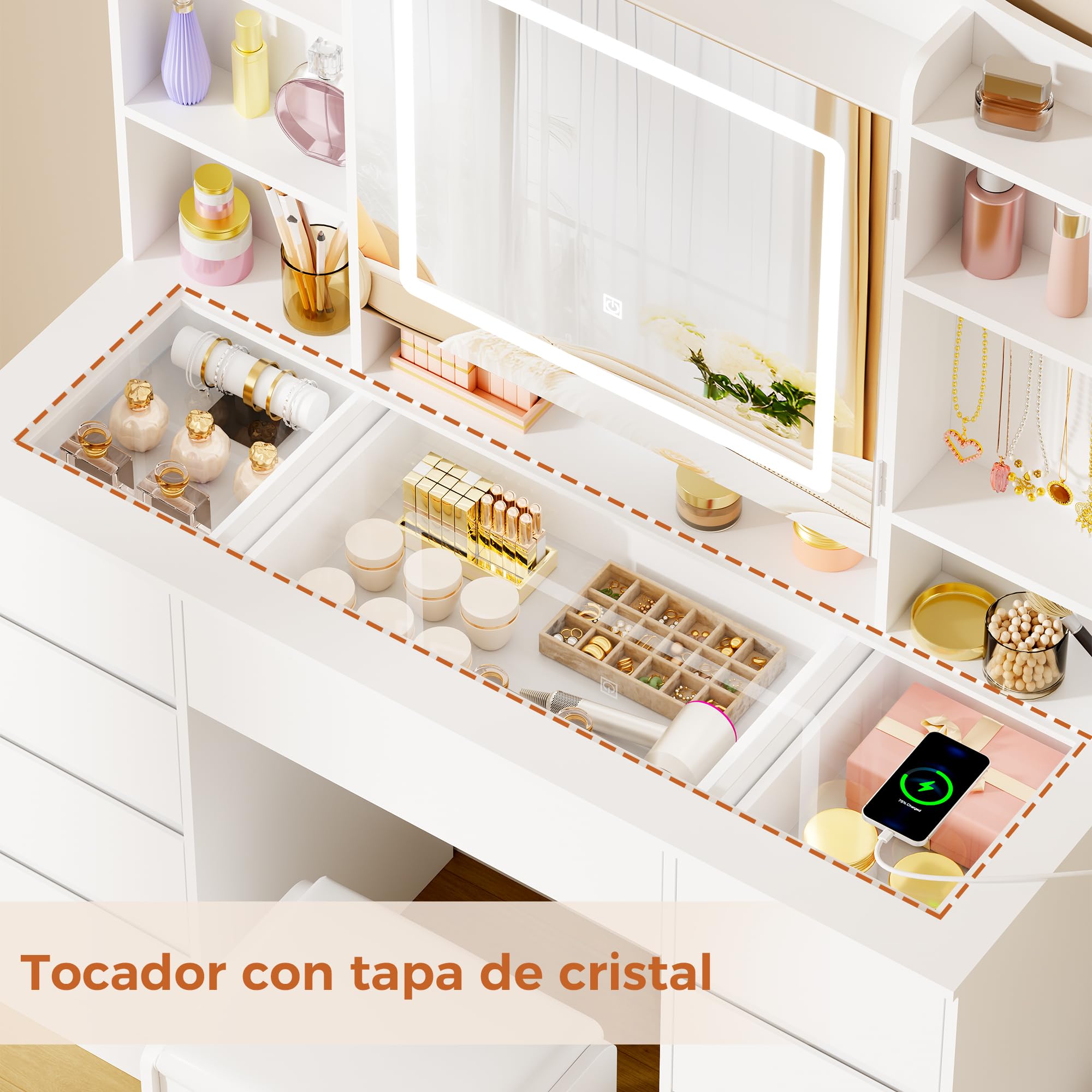 ANWBROAD Tocador Grande con Luz LED Regulables y Enchufes, Tapa de Vidrio | Tocador de Maquillaje con Almacenamiento para Joyas, Mesa de Maquillaje con 9 Cajones 7 Estantes Abiertos Blanco BDT21W