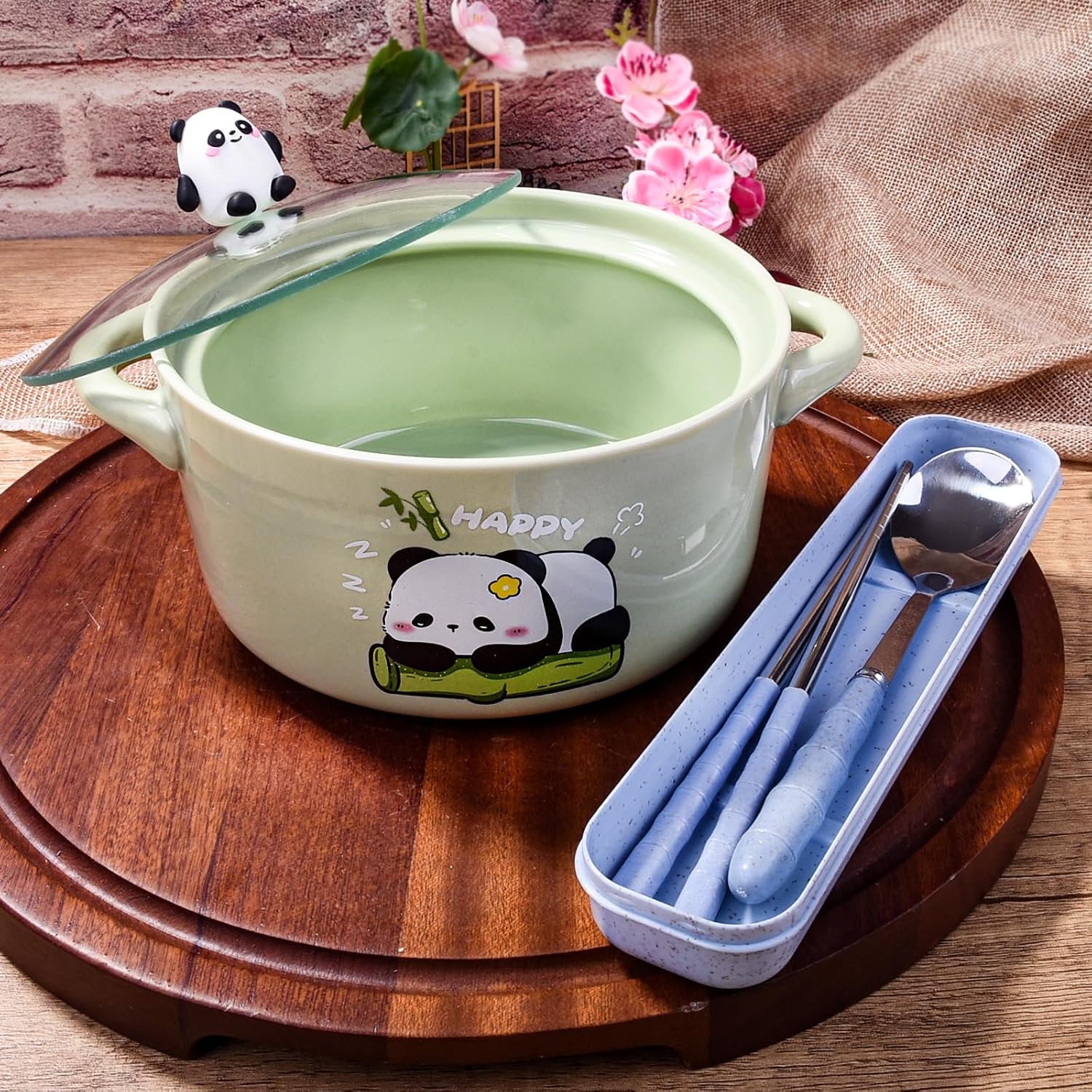 Ceramic Soup Bowl with Lid, Handles, Chopsticks and Spoon, 6'' Ramen Bowl
