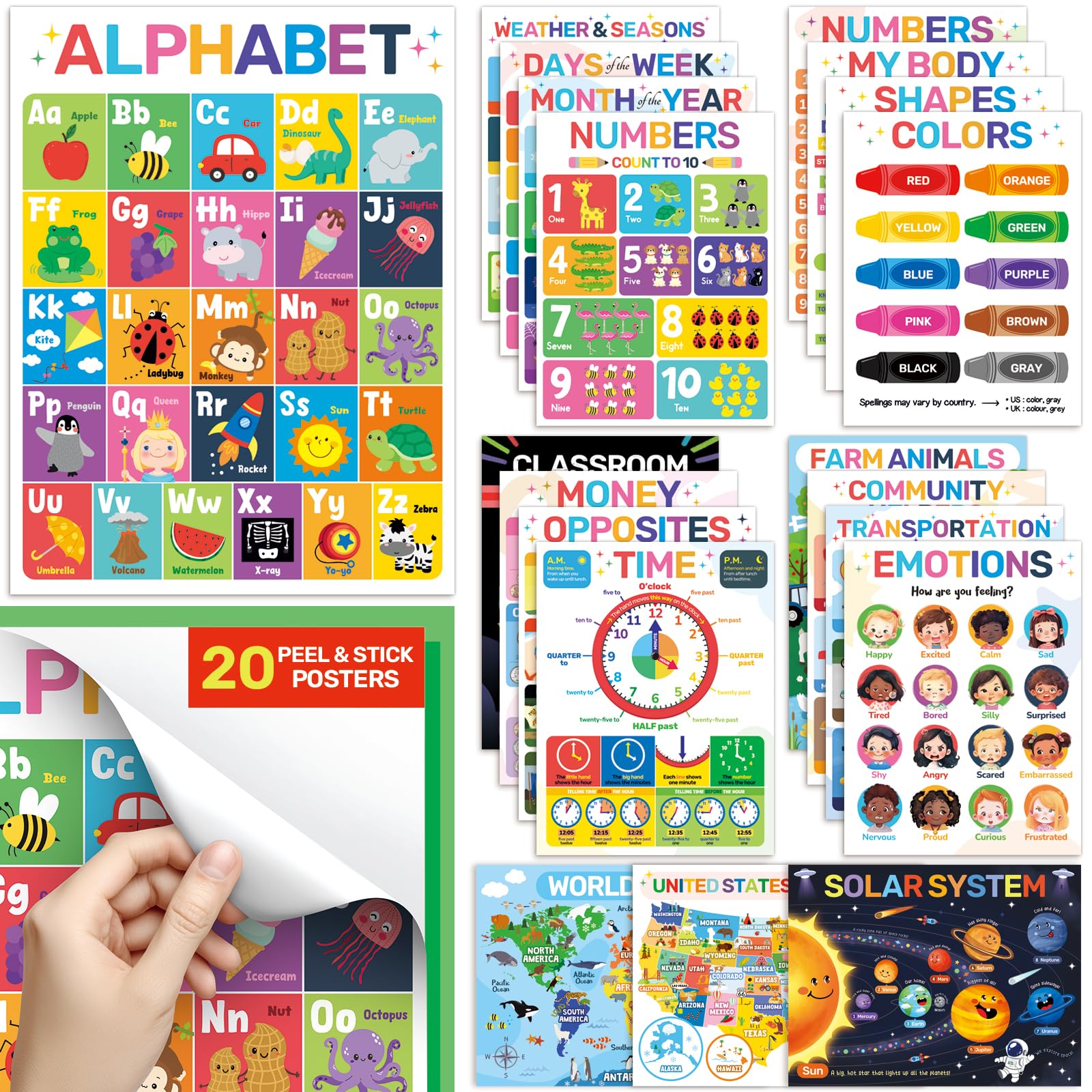 DECOWALL PS-01 20 Educational Peel & Stick Poster Stickers for Kids- Removable Wall Decals for Preschool & Kindergarten Classrooms-Alphabet, Numbers,