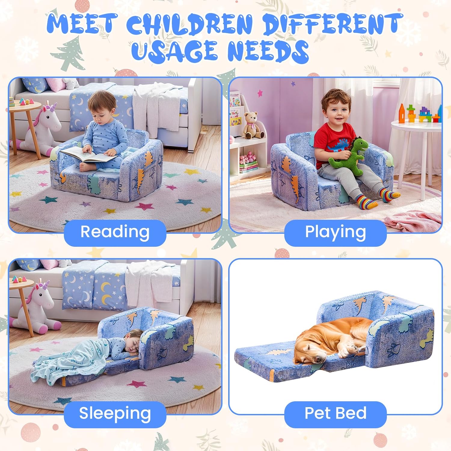 Lamerge 2-in-1 Soft Toddler Couch Fold Out,Foldable Toddler Chair, Glow in The Dark Kids Sofa for playroom,Convertible Foam and Floor Cushion for Boys and Girls (Blue and Dinosaur)