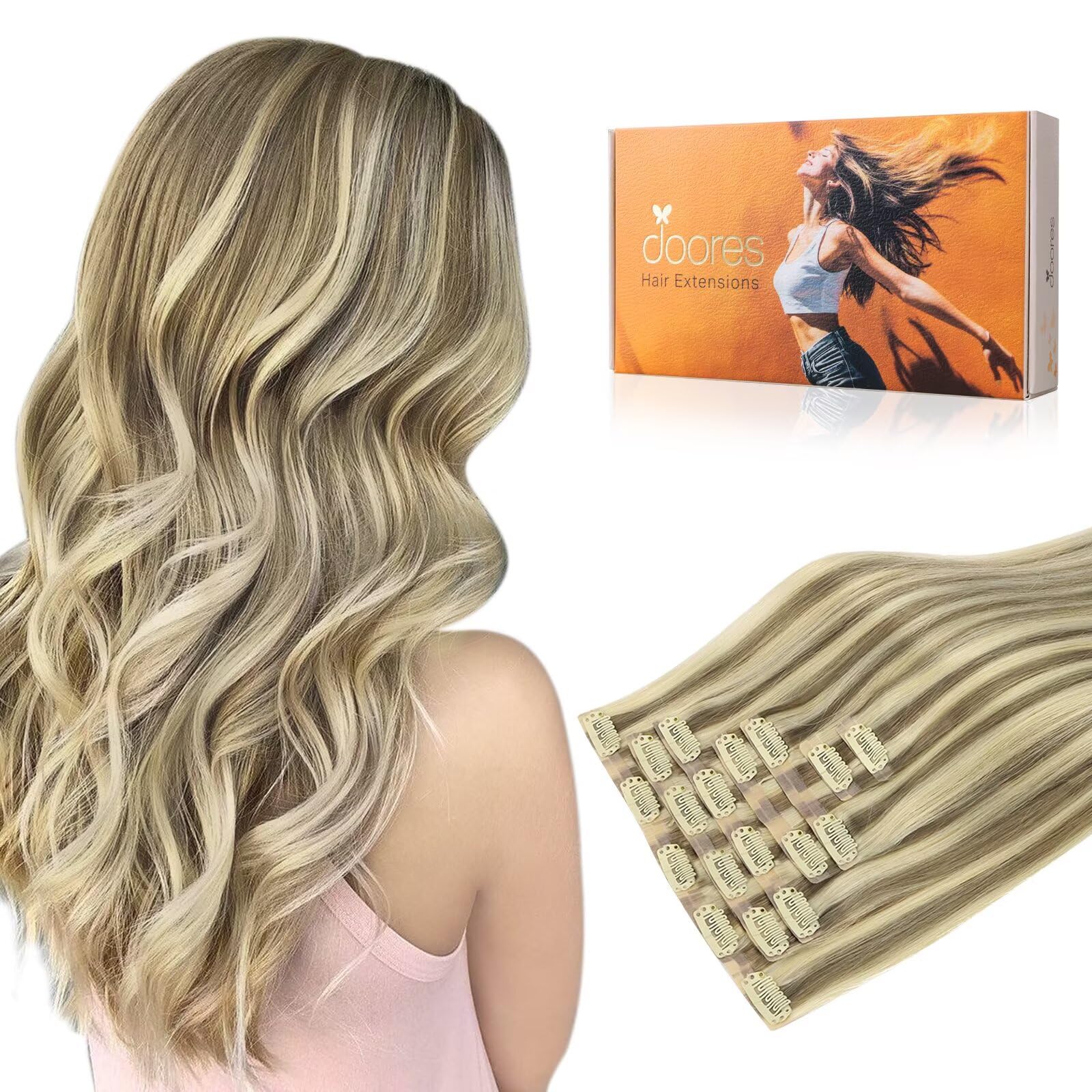 DOORES Seamless Clip in Hair Extensions, Light Brown Highlighted Medium Blonde 7pcs 110g 18 Inch, Human Hair Extensions Natural Remy Hair Extensions