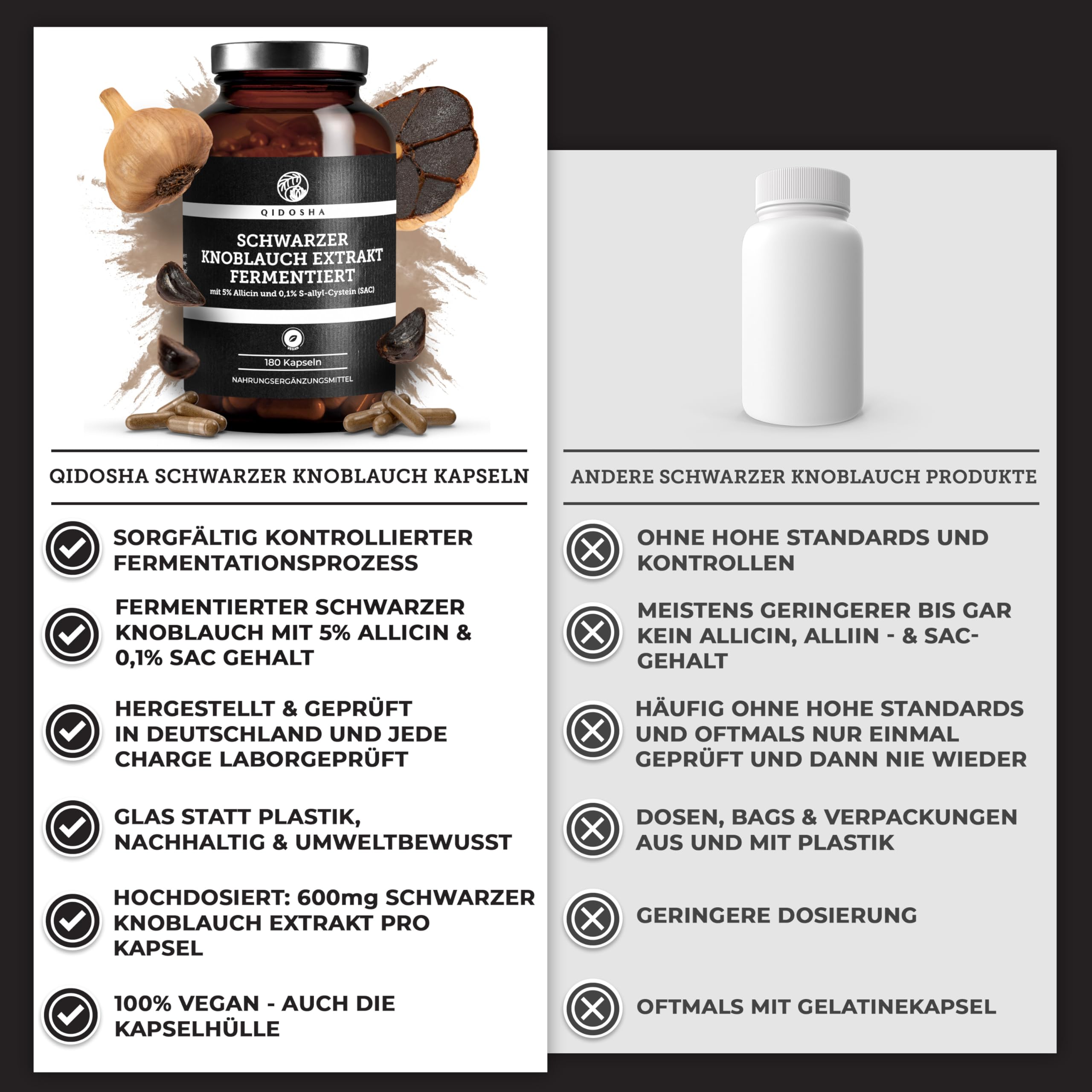 QIDOSHA® Schwarzer Knoblauch Extrakt hochdosiert, 180 Kapseln im Apothekerglas, 600mg je Kapsel, darunter 0,6 mg S-Allyl-Cystein (SAC), deutsche Fertigung, jede Charge laborgeprüft