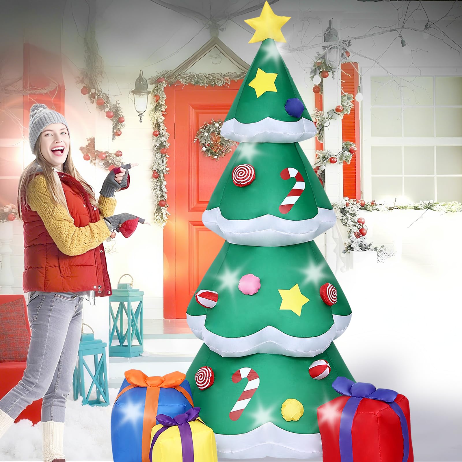 OHMG 2,1 m Decorazione natalizia per esterni, gonfiabile, con luci a LED, albero gonfiabile, con sacchetto regalo, gonfiabile, per giardino, prato, terrazza, festa