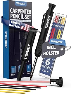 Carpenter Pencil Set with Sharpener & 7 Refills – Deep Hole Marker Mechanical Pencil for Wood, Metal & Plastic – Durable Woodworking Marking Tool