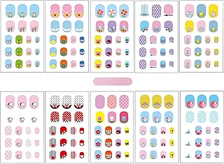 Kids Nail Stickers Full Nail Wraps Self Adhesive Nail Polish Strips for Kids Girls Nail Art Decoration Fun Including Flowers Butterflies Cows Recommend for Age 8 and Older (Pack of 10)