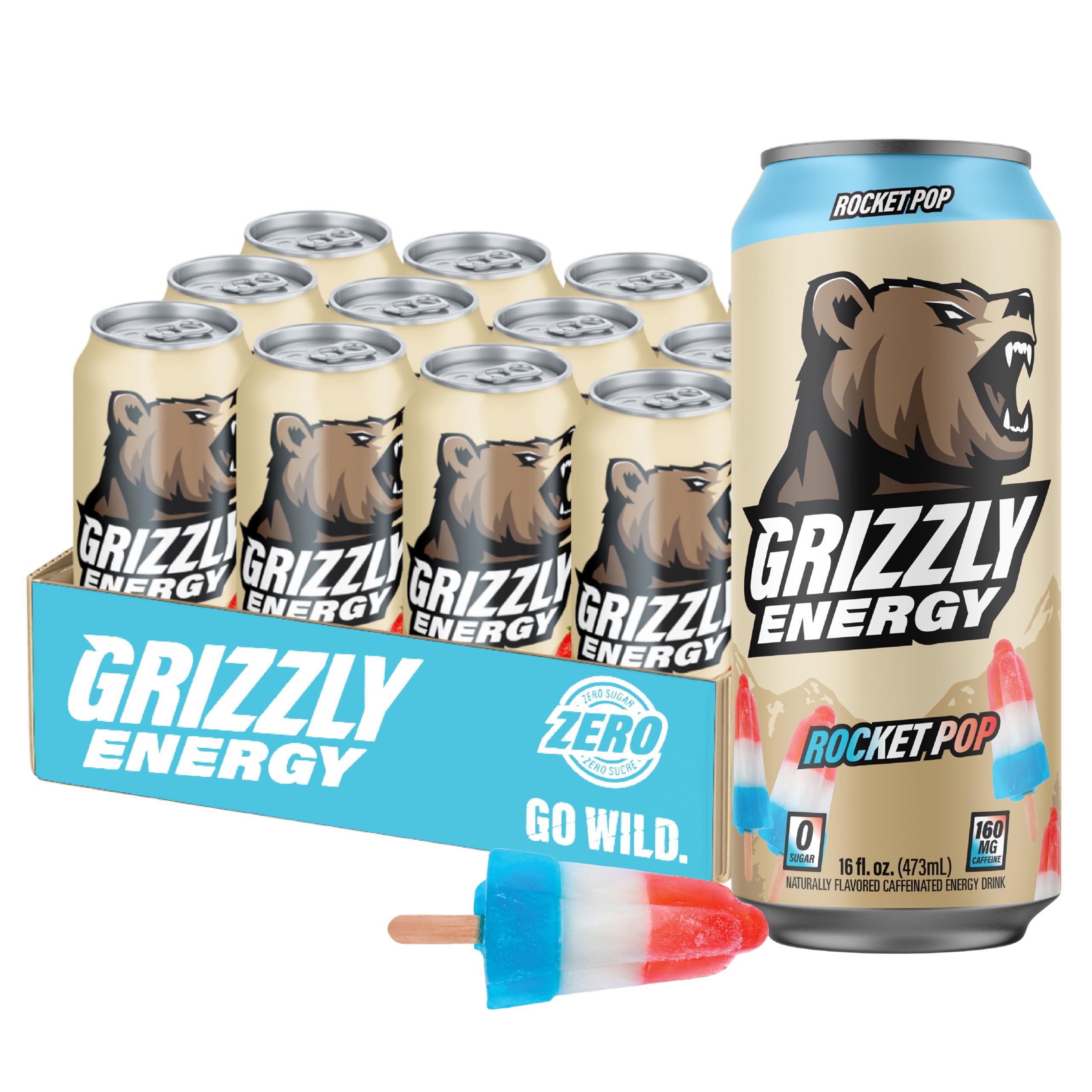 GRIZZLY Energy Drink Rocket Pop Taurine B Vitamins & 160mg Caffeine - Energy Focus & Hydration Boost - 10 Calories, Zero Sugar - No Artificial Taste Colors or Flavors - 16 fl oz (12 Pack Cans)