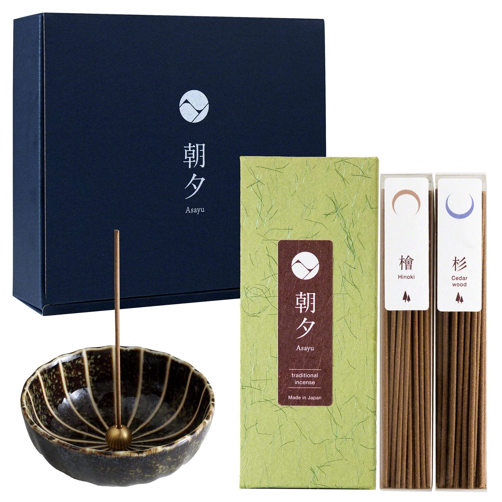 Asayu Japan Gift Set Di Incensi Tradizionali E Portaincenso In Ceramica Con Supporto In Ottone - Set Di Bastonici D'incenso Foresta (Hinoki + Cedro) + Portaincenso Loto Verde-image