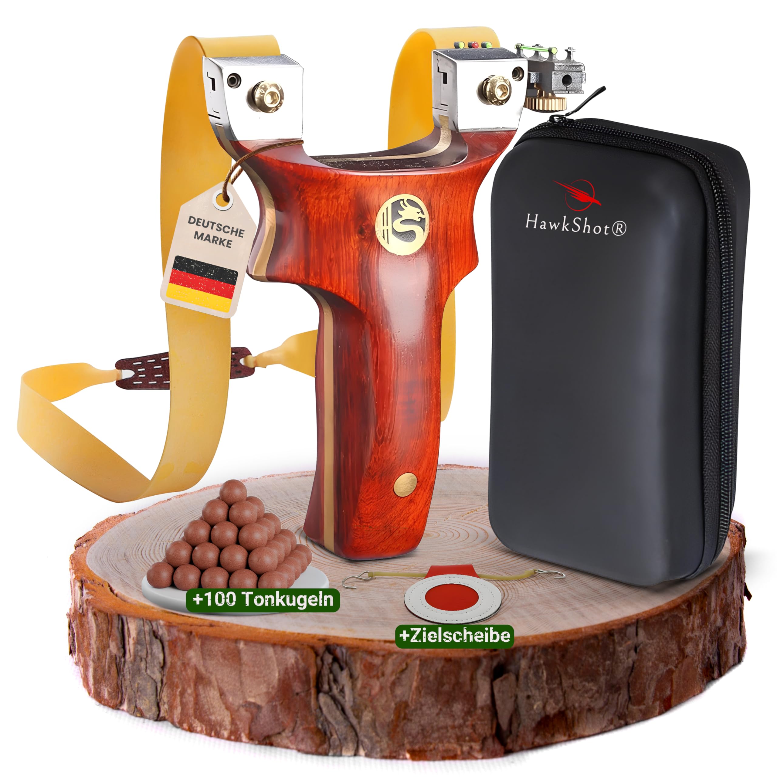 HawkShot® Profi Stahl Steinschleuder Hammerhead mit verstärktem Massivholzgriff/Zwille