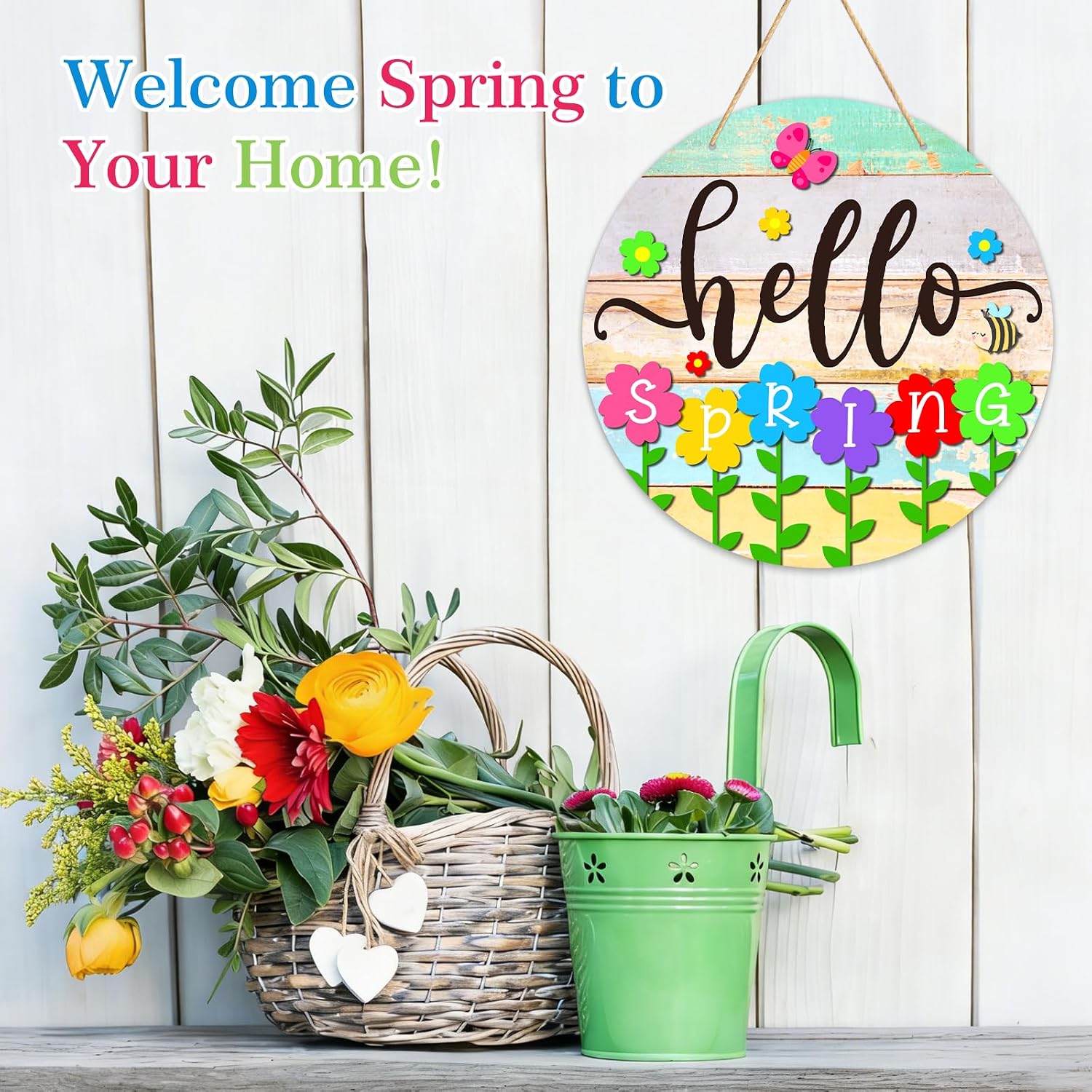 PETCEE Hello Spring Door Sign - 11.5" Colorful Flowers Spring Sign for Front Door Welcome Spring Decoration Wreath Farmhouse Welcome Spring Hanging Sign for Home Door Wall Porch Indoor Outdoor Decor image 4