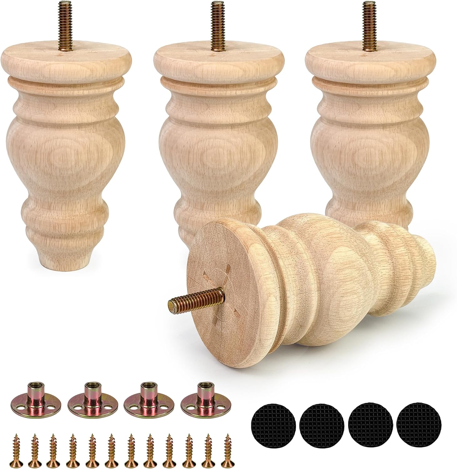 5 Inch Wooden Furniture Legs with Mounting Plates Screws Set of 4 Solid Wood Unfinished Round Replacement Furniture Feet for Couch Cabinet Sofa Ottoman TV Stand Home DIY Projects (5inch)
