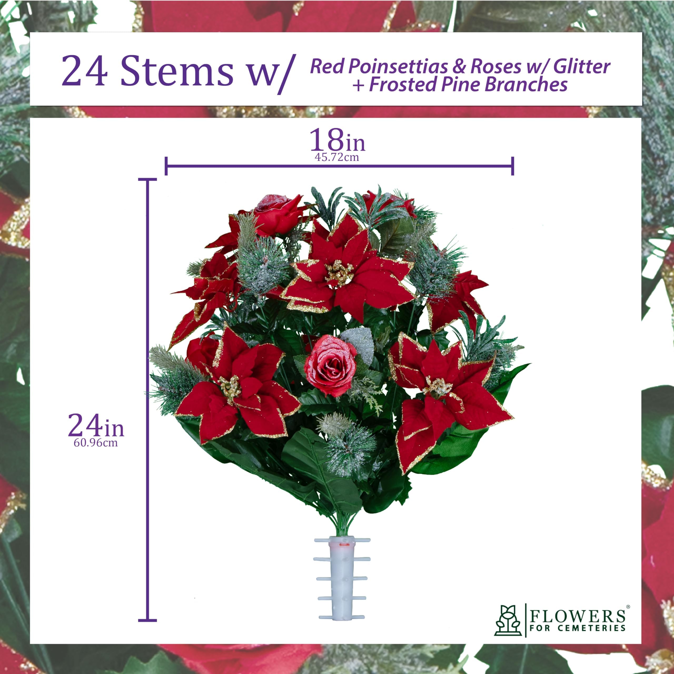 Fleurs artificielles de cimetière – Poinsettias rouges et roses avec paillettes et branches de pin givrées (rouge, bouquet)