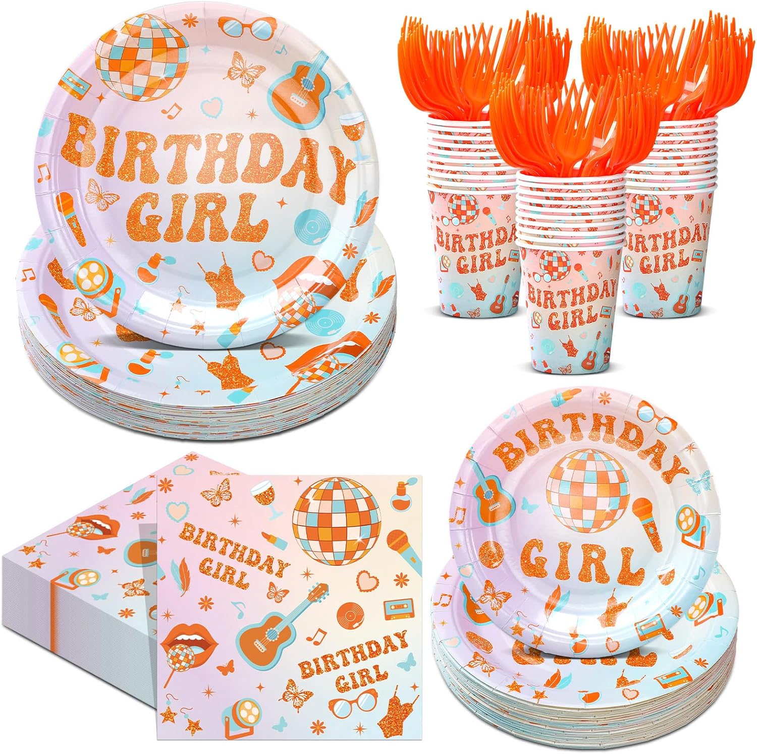 Yungyan 180 Pcs Orange Showgirl Birthday Party Supplies Paper Plates Napkins Cups Forks Set Disco 70s Retro Music Themed Birthday Tableware Orange Party Decorations Serves 36 Guests