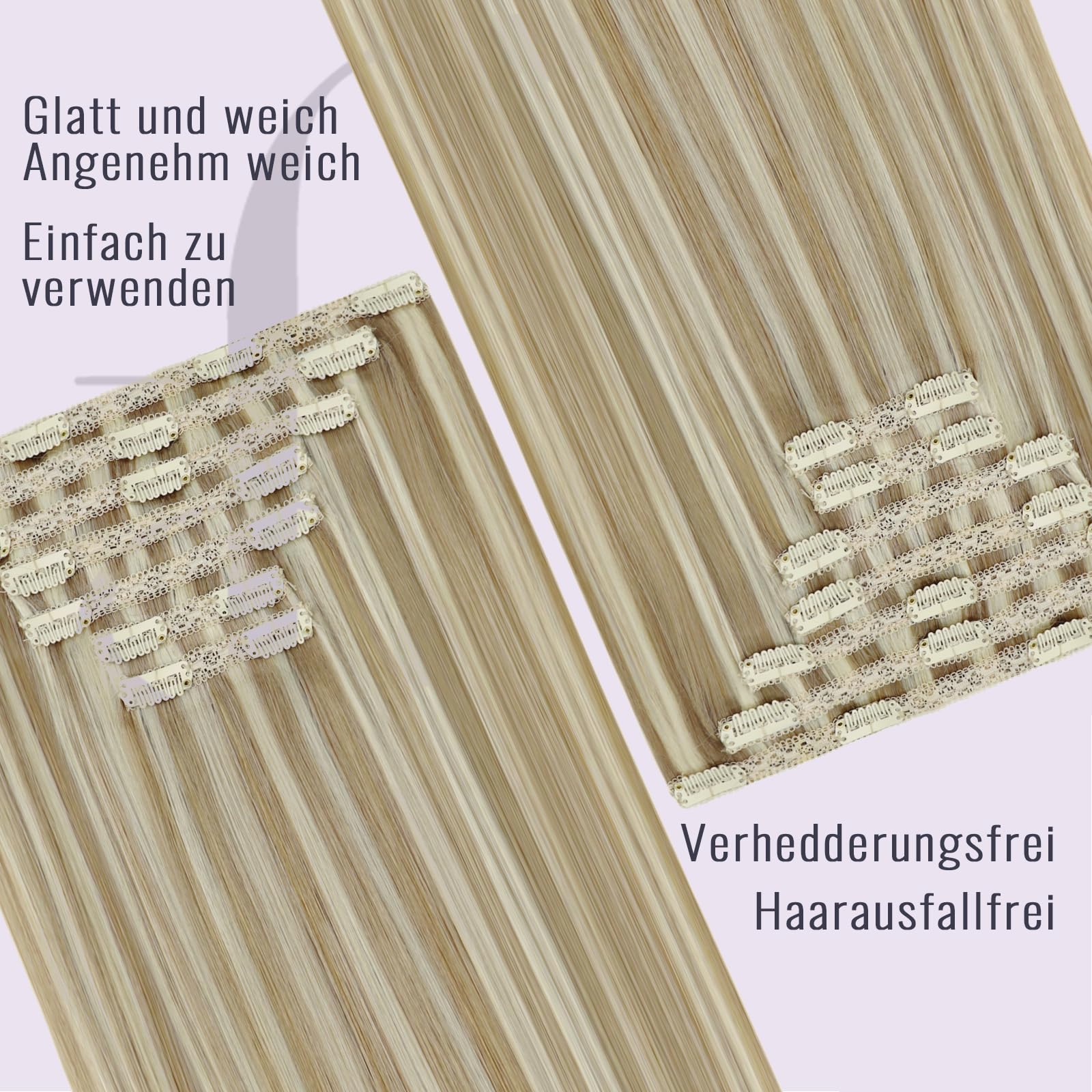 Fshine Unsichtbar Clip in Extensions Echthaar 45 cm, 7 Stücke 120 g, Aschblond mit goldblonden Strähnen, Hair Extensions Clip in, Farbe 16P22 - 5