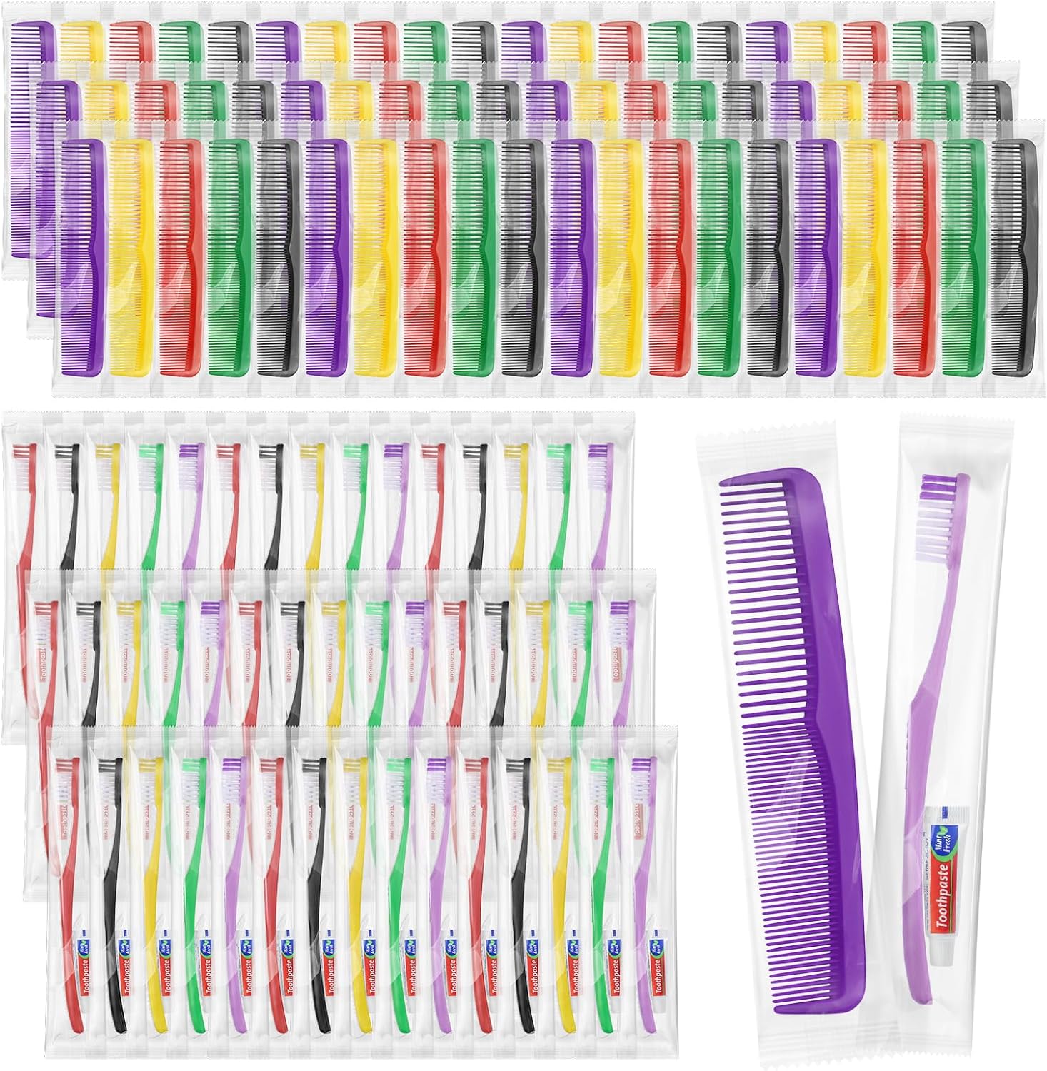 Disposable Toothbrushes with Toothpaste and Comb in Bulk, Soft Bristle Travel Size Individually Wrapped Basic Hygiene Kits, for Travel Hotel Camping Donation Charity Homeless Shelter in 5 colors (100)