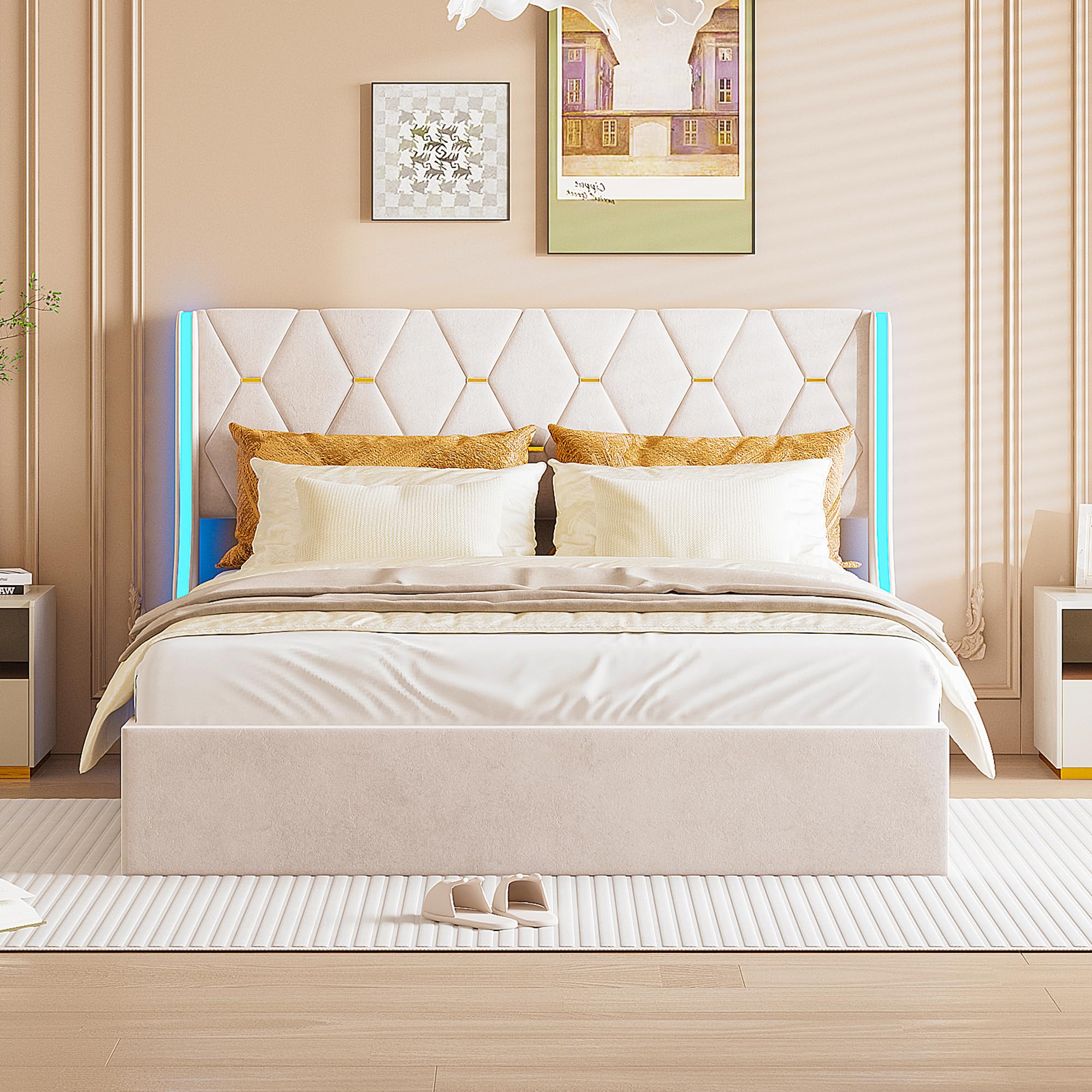 Upholstered Double Bed Frame 140 x 200 cm with LED Lighting