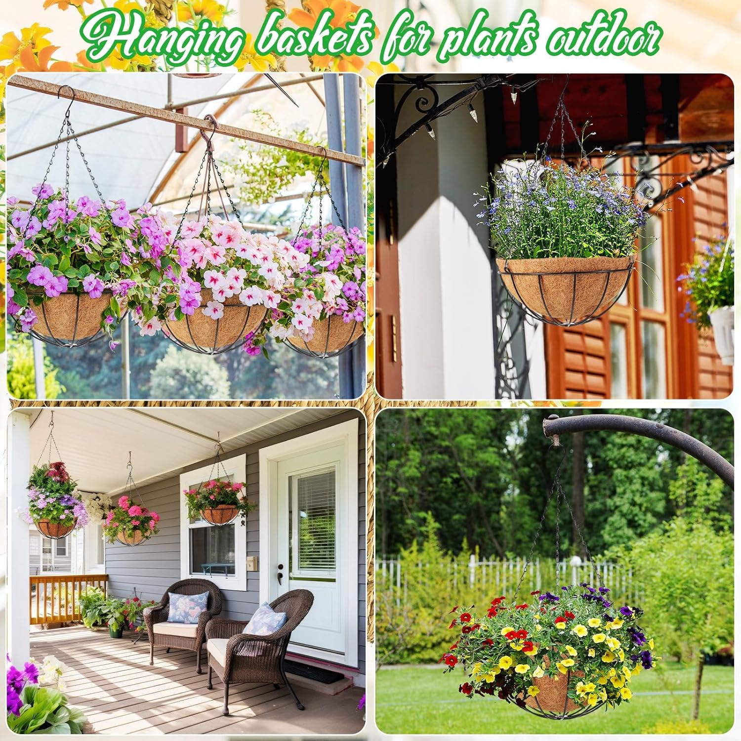 LemonRoad 3 Pack 12 Inch Hanging Baskets for Plants Outdoor Indoor, Metal Hanging Planters with Coconut Fiber Liner Chains and Ceiling Hooks Garden Tools Set for Garden House Patio Decor