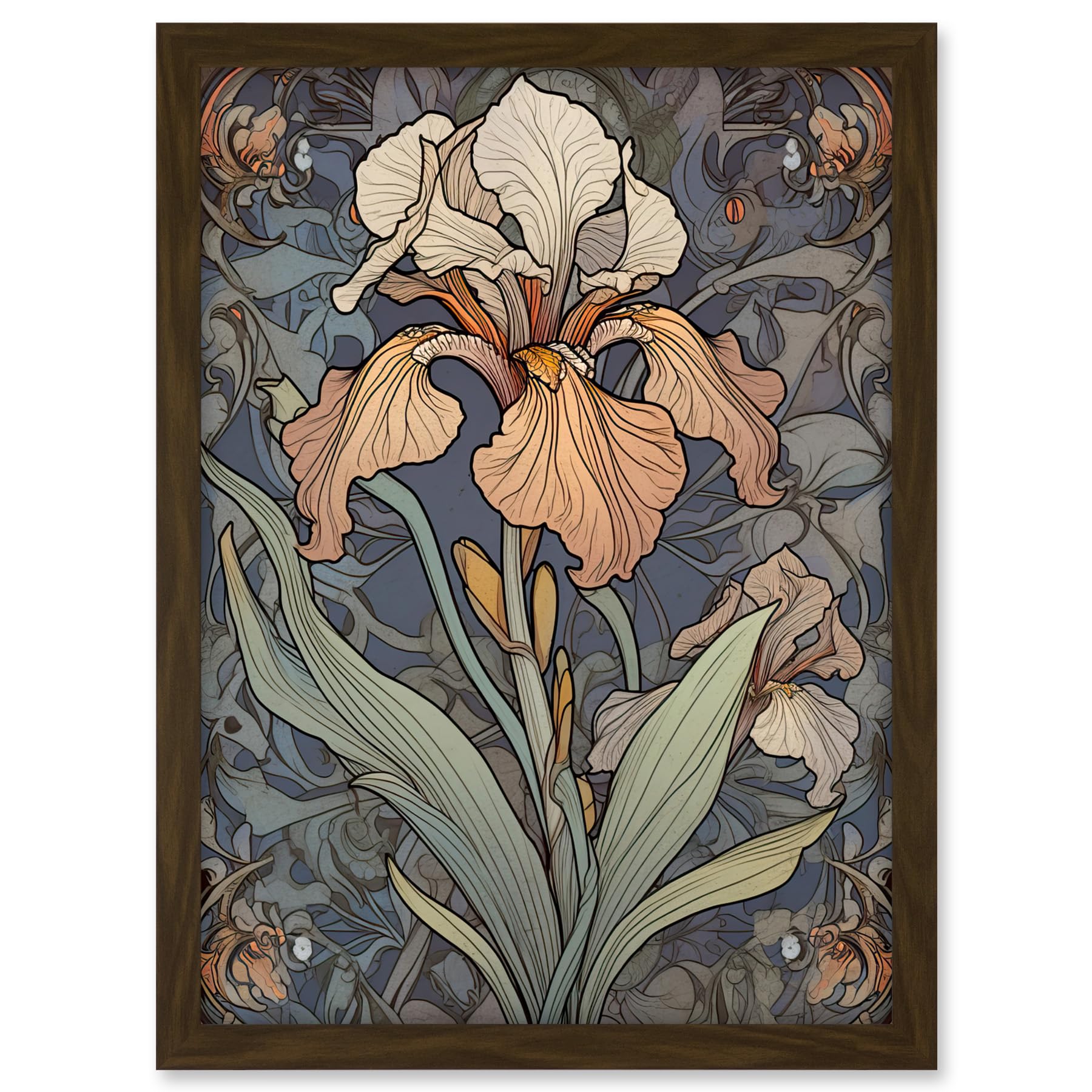 Artery8 Art Nouveau Style Iris Bloom Flower Watercolour Artwork Framed A3 Wall Art Print
