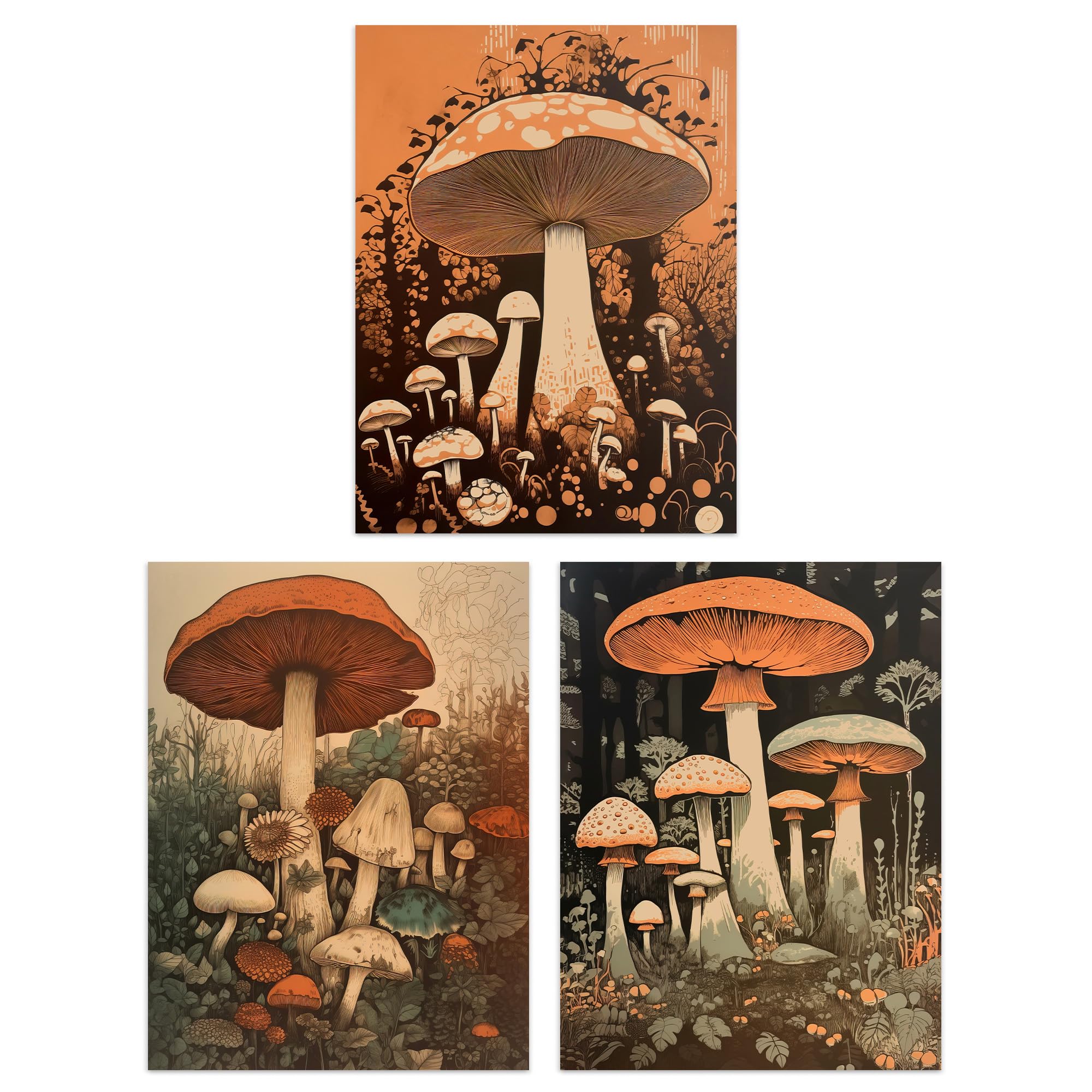 Artery8 Earthy Mushroom Trio C - Set Of 3 Set Of 3 A4 Botanical Fungi Mushroom Paintings Earthy Flora Fauna Nature Unframed Wall Art Living Room Poster Prints Pack