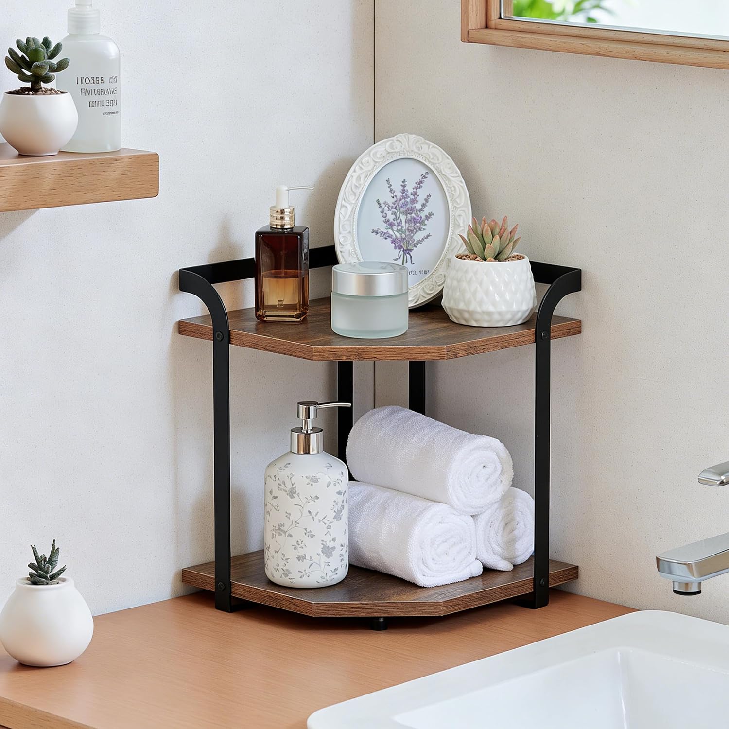 Corner Shelf Countertop Organizer, 2 Tier Industrial Corner Bookshelf, Spice Rack, Bathroom Counter Organizer, Corner Shelf Stand for Living Room, Kitchen, Bedroom, Office, Rustic Brown