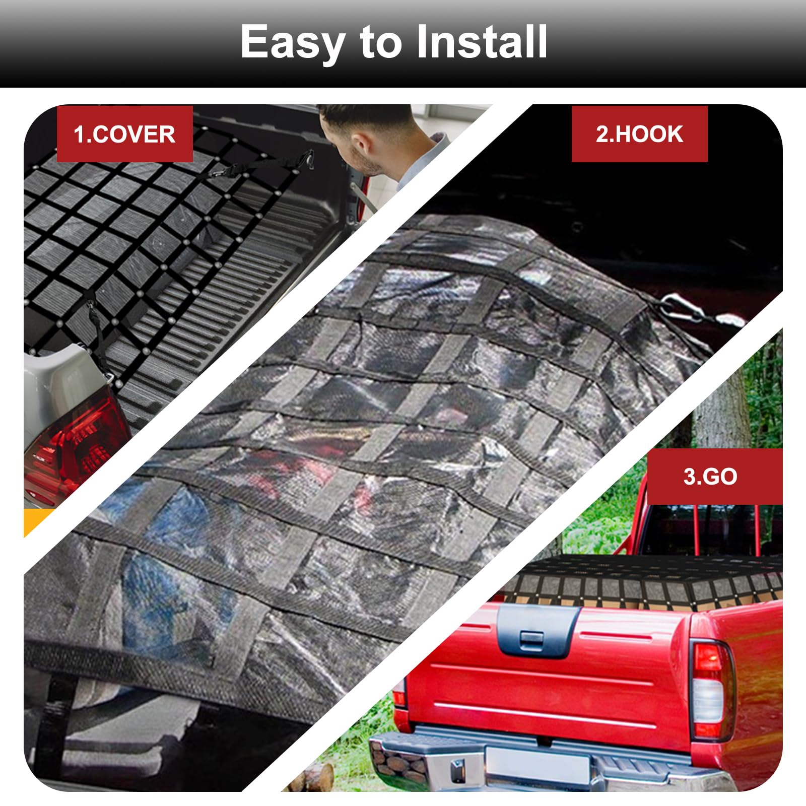 EASYBERG Heavy Duty Cargo Net for Pickup Truck Bed, Extra Large 10' x 12' ft Truck Cargo Net with Mesh, Cam Buckles & S-Hooks & Cross Strap, 1500lbs Capacity Cargo Net for Trailer SUV Jeeps