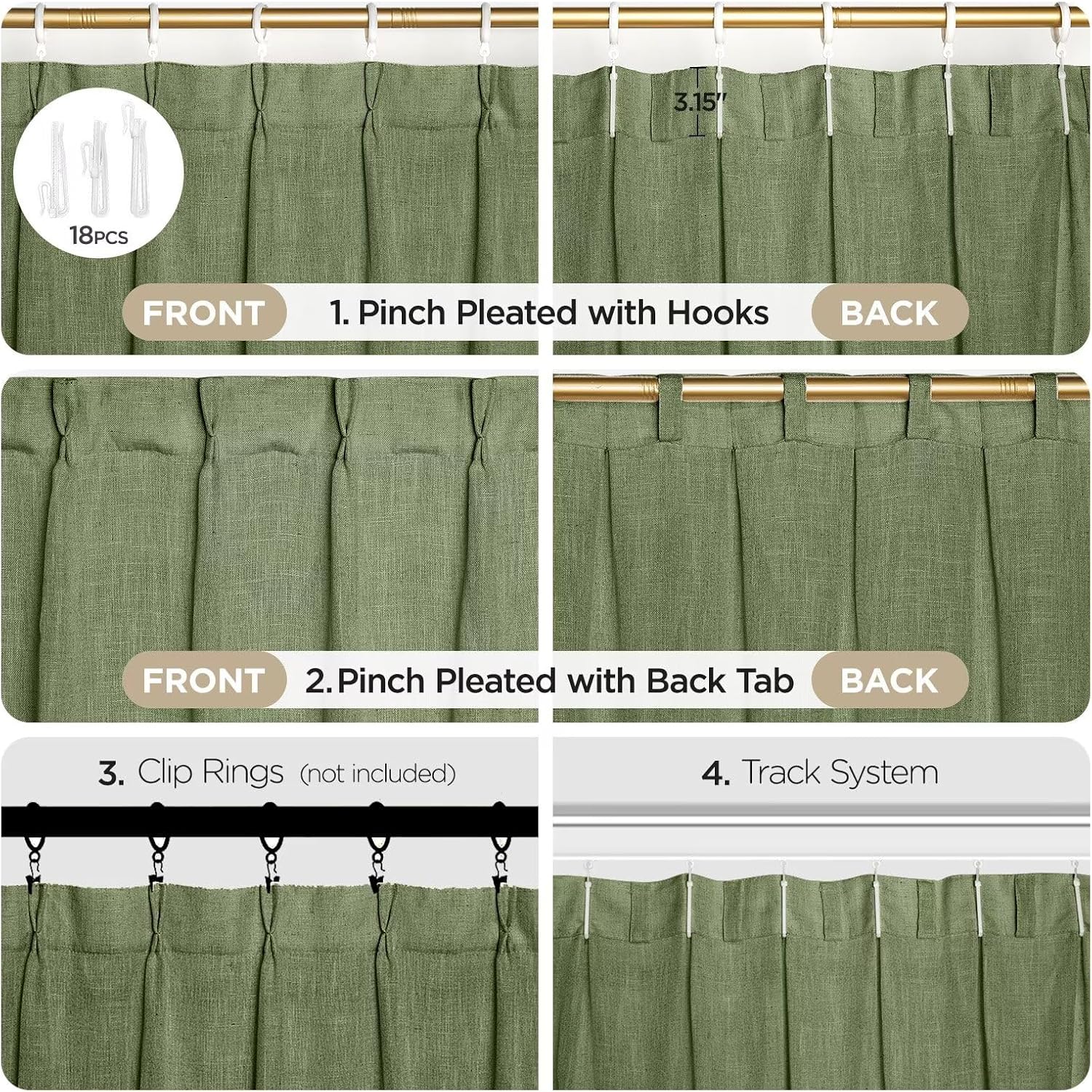 Joydeco Olive Green Pinch Pleated Linen Curtains 84 Inch Long 2 Panel Set for Living Room, Semi Sheer Curtain for Bedroom, Back Tab Light Filtering Drapes with Adjustable Hooks (40”W x84”L)