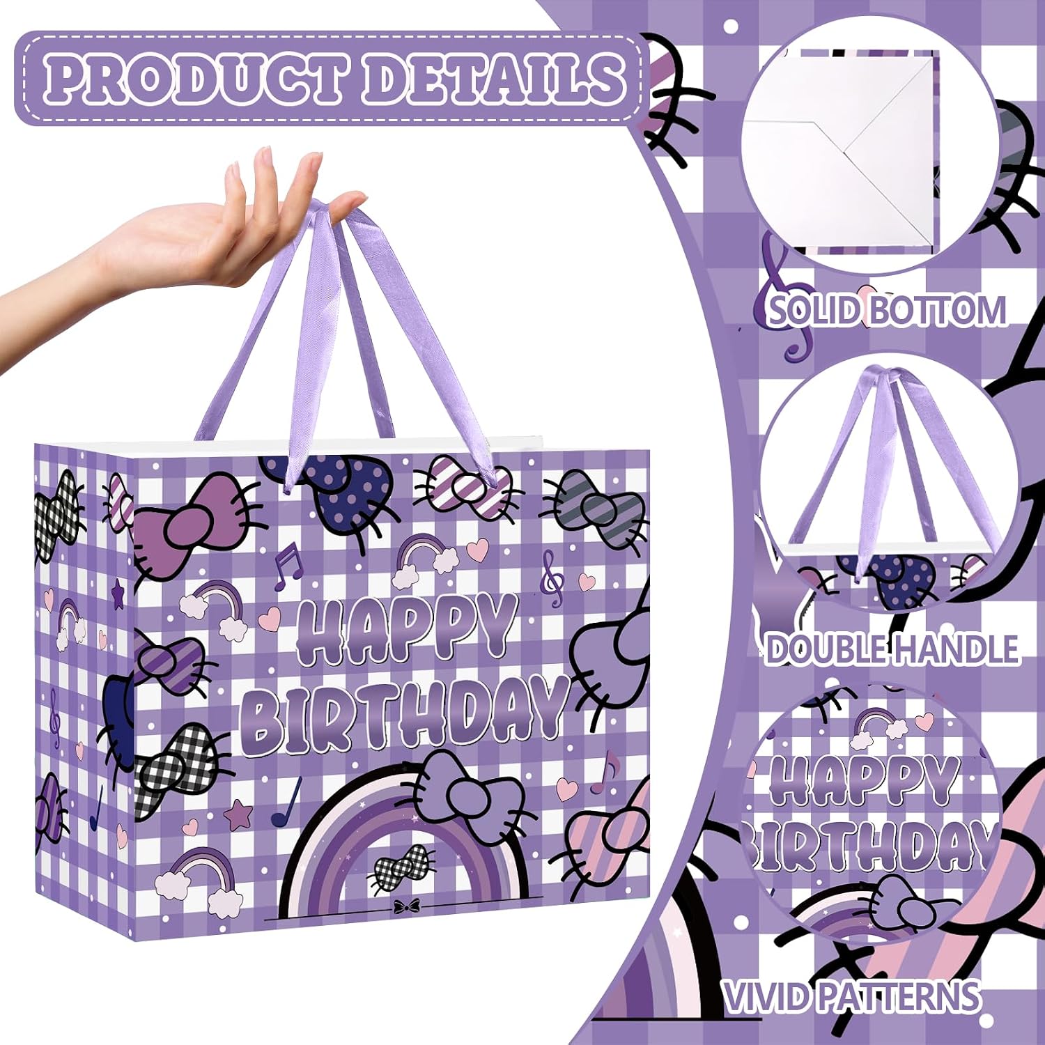 Large Kawaii Cartoon Birthday Bag with Card and Tissue Paper Purple Buffalo Plaid Birthday Gift Wrap Bag Cute Cat Bow Rainbow Wrapping Paper Candy Treat Bags for Bday Baby Shower Theme Party Supplies image 3