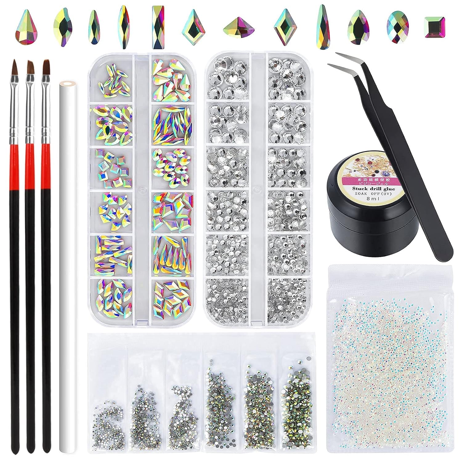 Artdone nail art Rhinestones 5000pcs+2000pcs+1728pcs+120pcs Multi Shapes Glass Crystal AB Rhinestones for nail gems with tools and nail rhinestone glue nail decoration and accessories kit.: Beauty