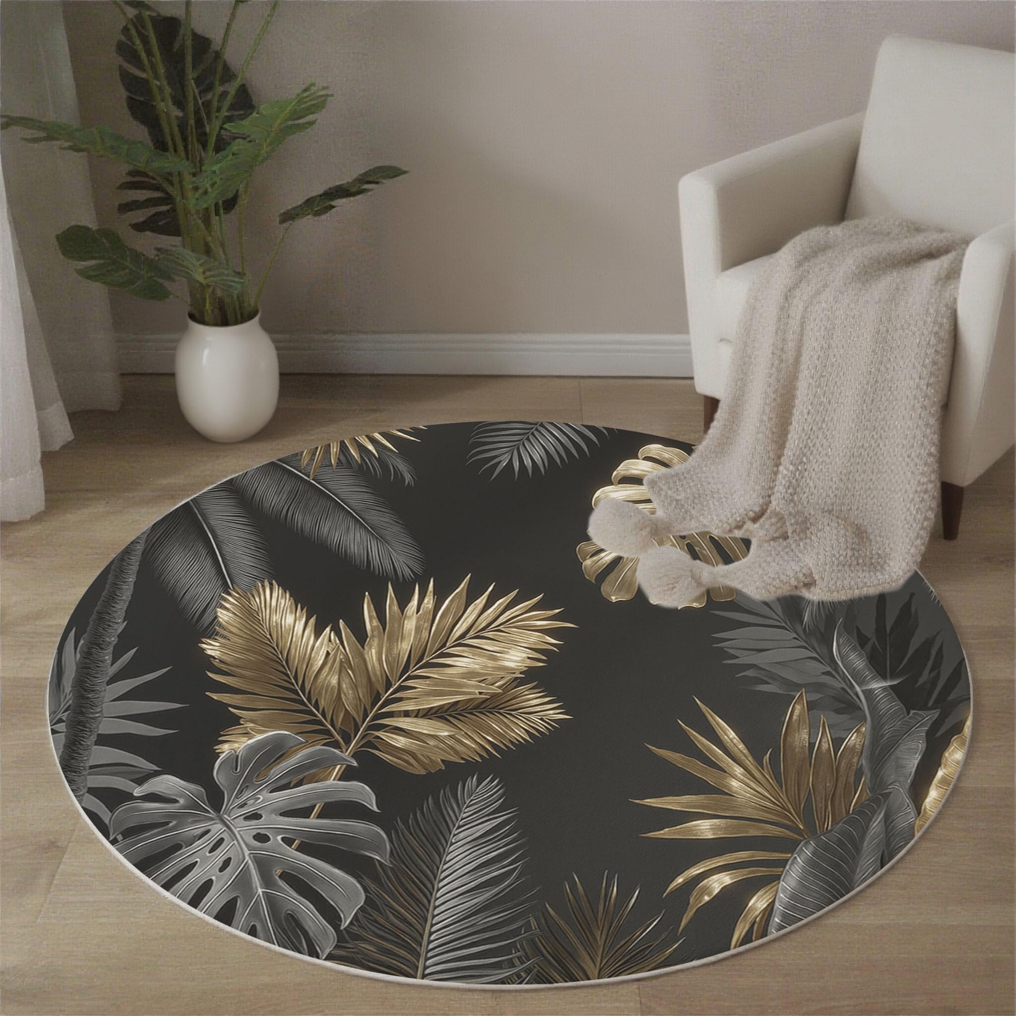 Tapis rond salon antidérapant 120cm en fibres douces gris anthracite