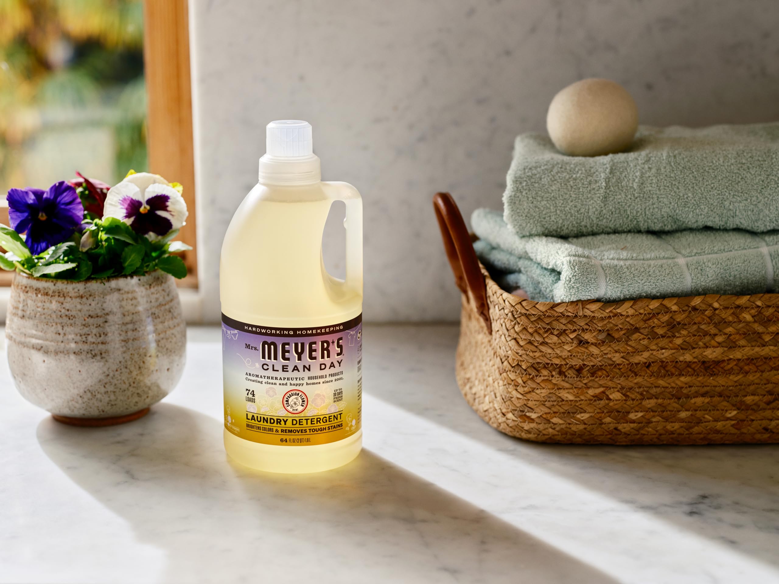 MRS. MEYER'S CLEAN DAY Liquid Laundry Detergent, Infused with Essential Oils, Compassion Flower, 64 oz - Pack of 2 (128 Loads)