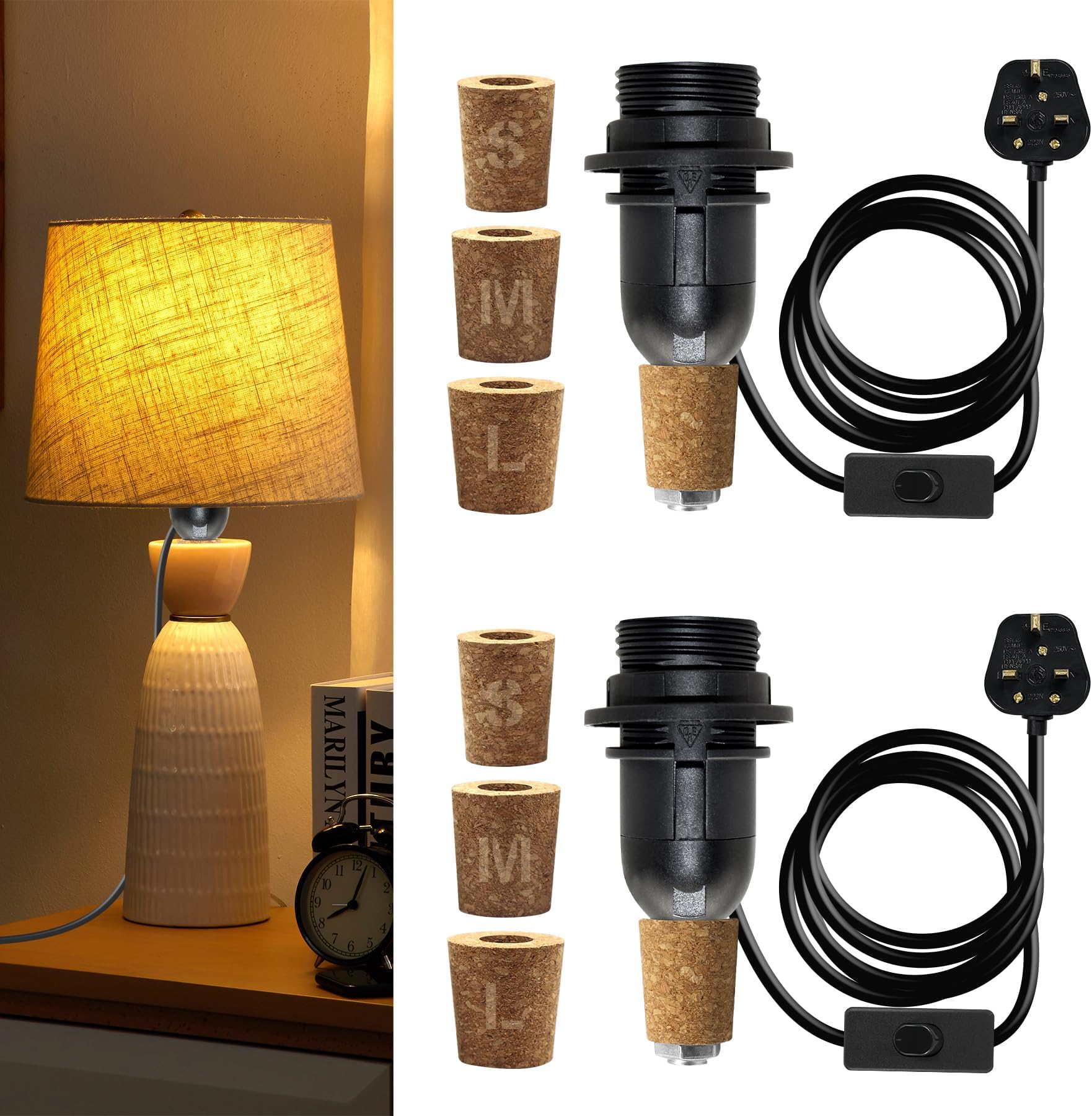 2 Packs E14 Bottle Lamp Kit, 240CM Cable, Bottle Lamp Adaptor Kit, Including 3 Sizes of Stoppers, Light Fittings for Bottles, Table Lamp Kits Do It Yourself UK for Various Bottles, Black