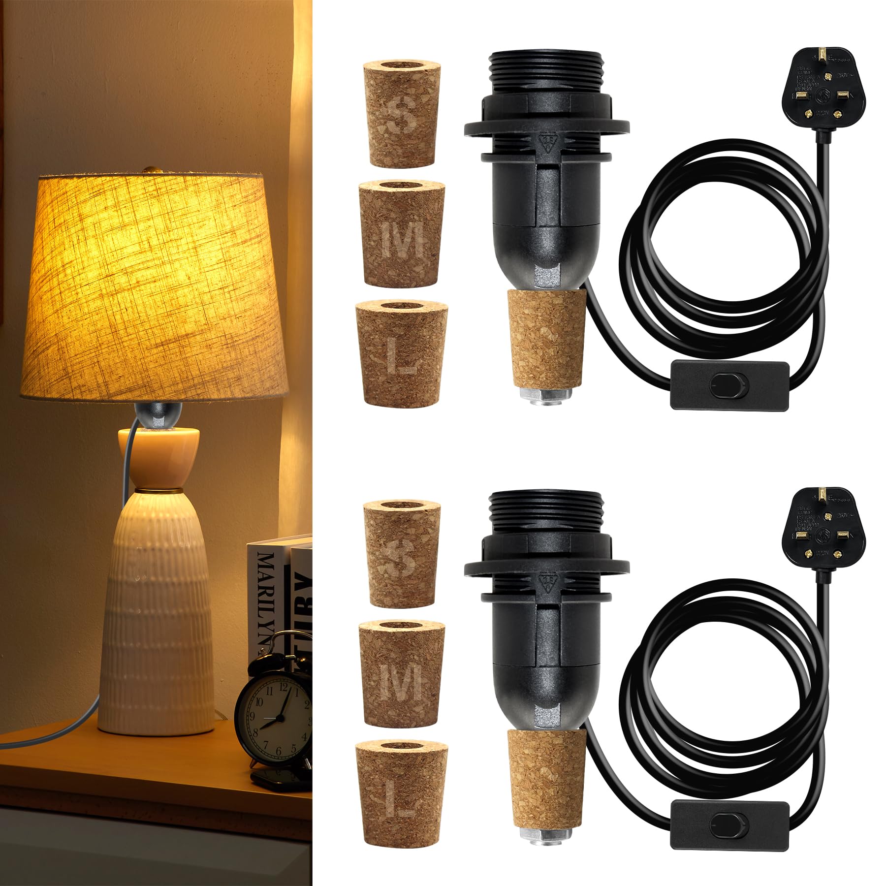 2 Packs E14 Bottle Lamp Kit, 240CM Cable, Bottle Lamp Adaptor Kit, Including 3 Sizes of Stoppers, Light Fittings for Bottles, Table Lamp Kits Do It Yourself UK for Various Bottles, Black