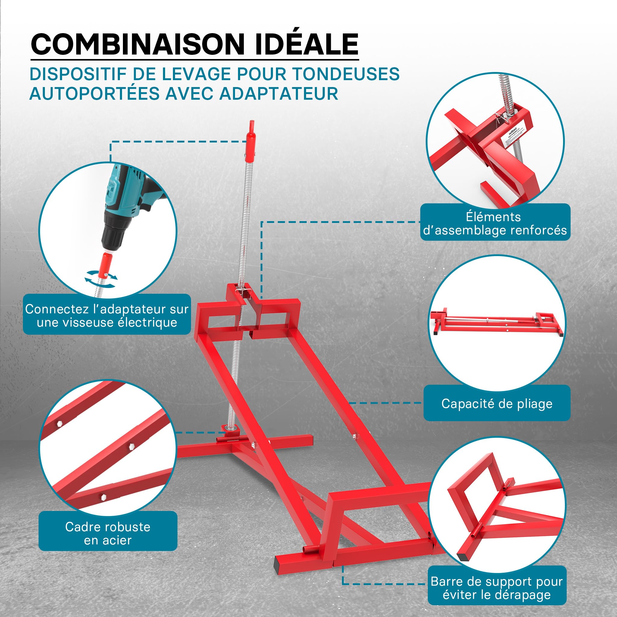 Wiltec Kit Cric lève Tracteur Tondeuse avec Adaptateur pour Visseuse sans Fil – 400 kg Max. – Acier – Mowerlifter Outillage de Mecanicien Treuil Palan Nettoyage Facile