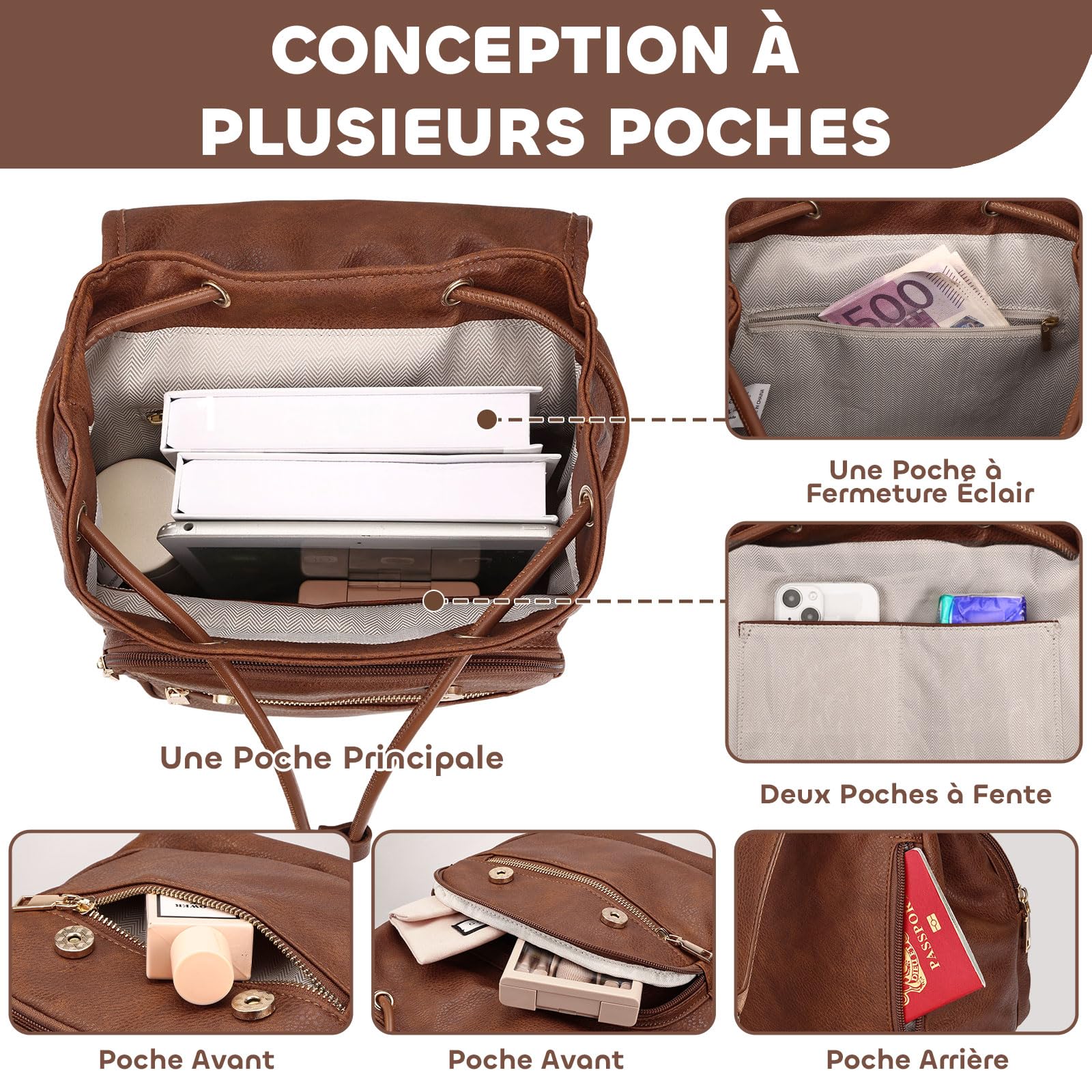 Leathario Petit Sac a Dos Femme, Sacs à Main Portés Dos Femme Antivol Léger Backpack Loisirs Casual en Cuir Vegan pour Voyage L'école Travail Université Collège Shopping
