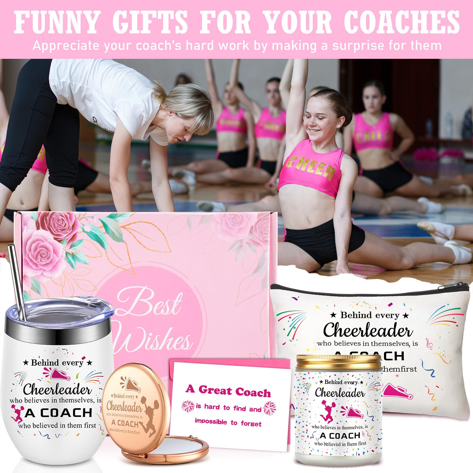 7 Pcs Cheer Coach Gifts for Women Cheerleader Gifts Include Cheer Tumbler Cup, Makeup Bag, Compact Mirror, Candle Cheerleader Card for Coach Birthday(Rose Red)