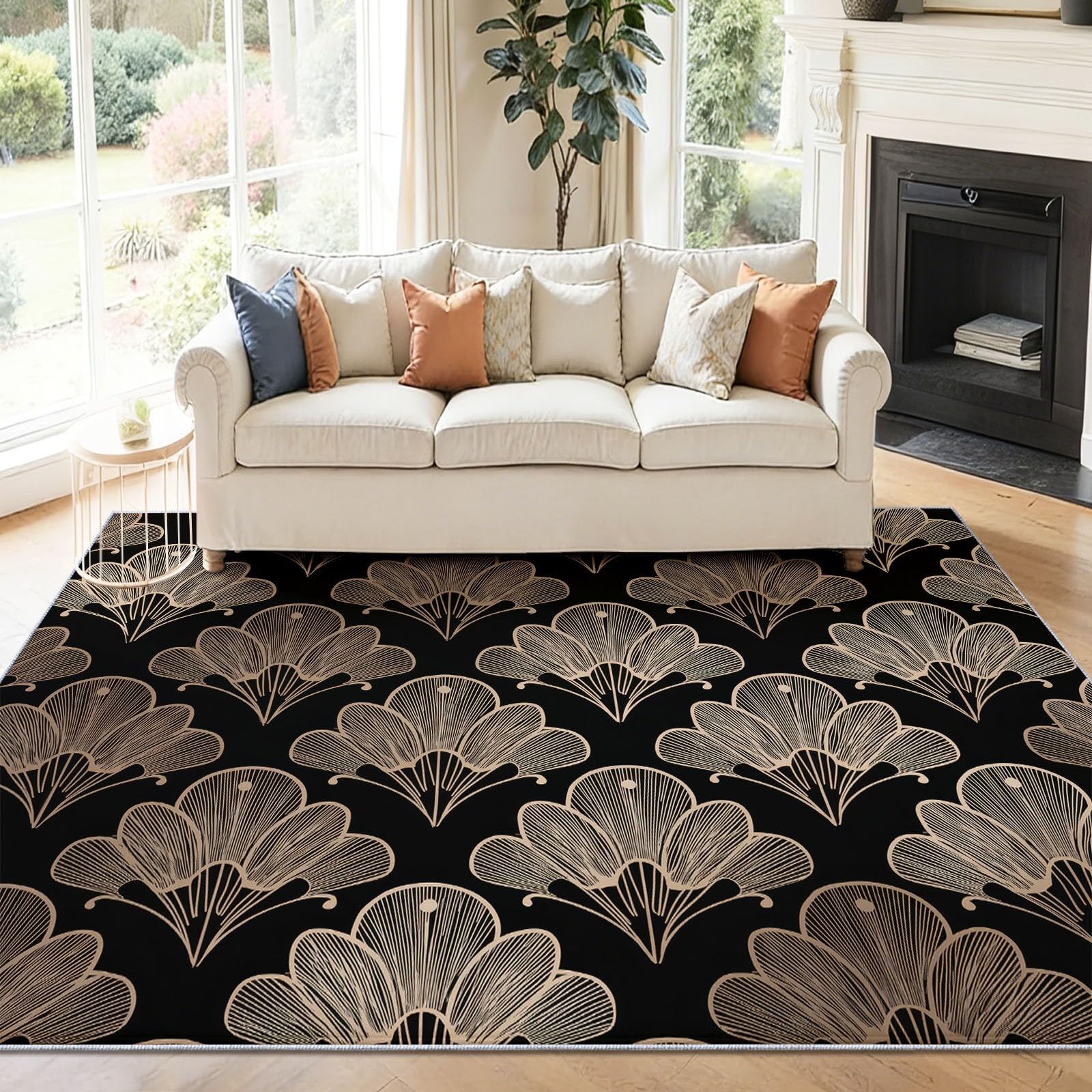 Dywan do salonu, można prać w pralce, 160 x 230 cm, dywan retro, geometryczny dywan, antypoślizgowy dywan, złote łopatki wachlarza, tekstura, niskie runo, nie gubi włosia, nadruk, do jadalni, domu