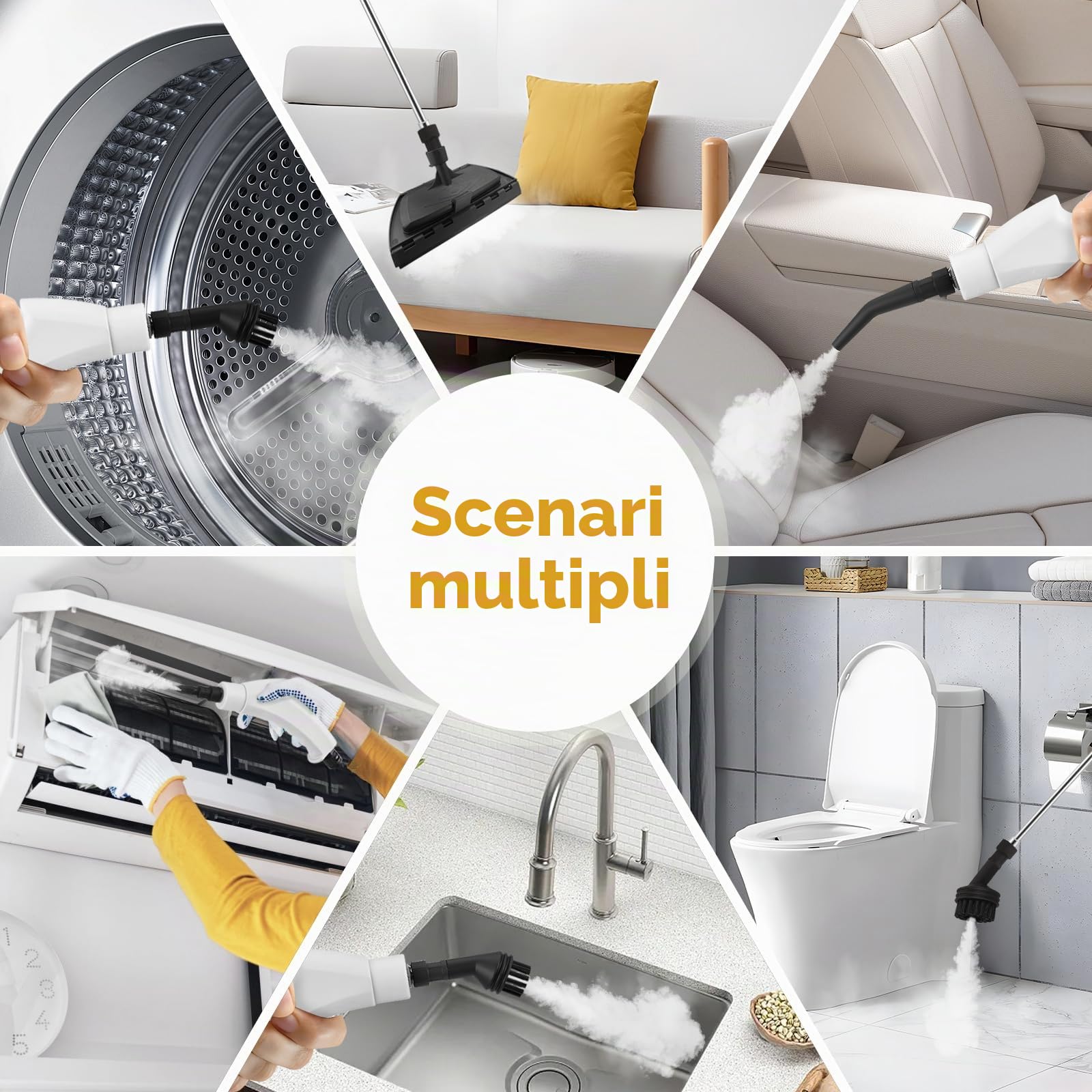 Pulitore A Vapore Portatile 2500w, Pulitore A Vapore Ad Alta Pressione 1100ml Con 3 Testine, Pulitore A Vapore Portatile Multifunzionale Per Mobili Da Cucina, Bagno, Auto (Bianco)