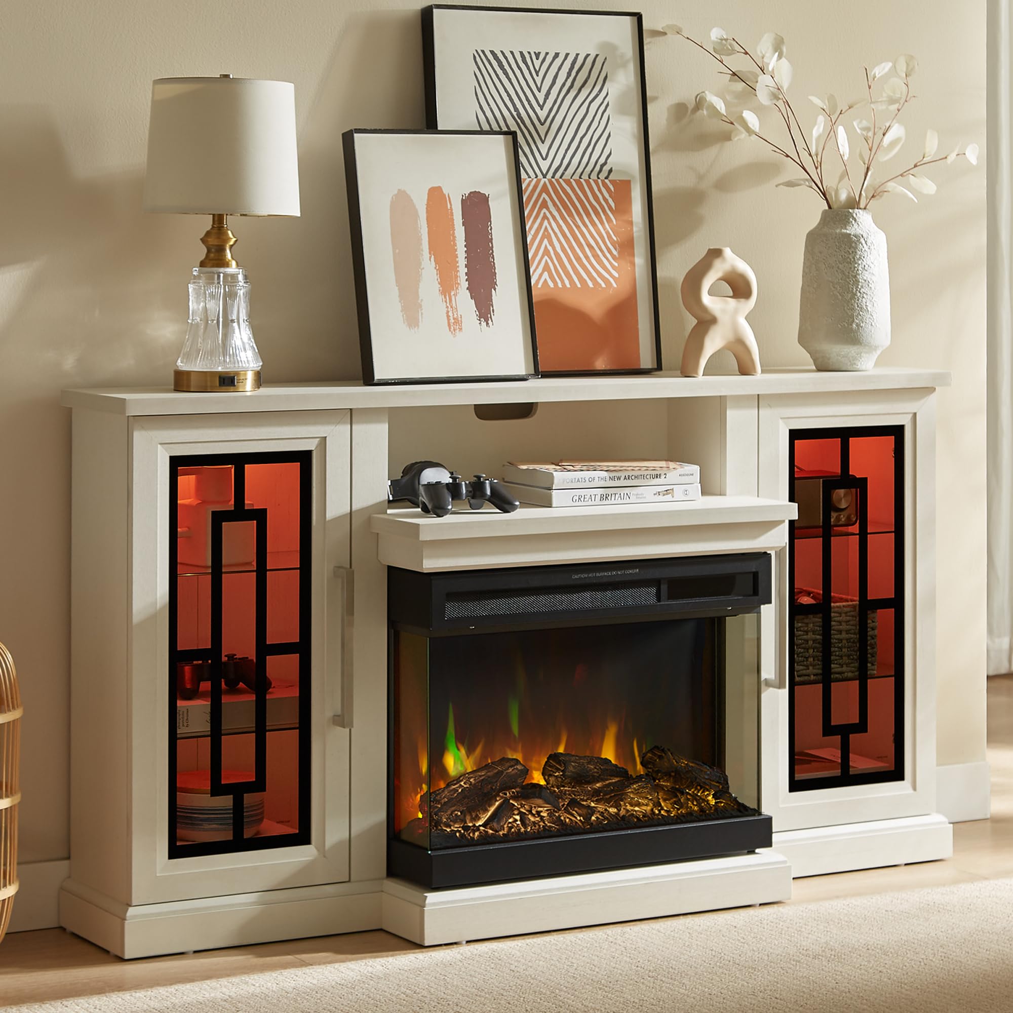 Unineo 59 Inch LED TV Stand with 3-Side Glass Fireplace, Modern Media Entertainment Center Console Table for TVs up to 65 Inch with Adjustable Flame & LED Color, 24’’ Fireplace, Highboy, White