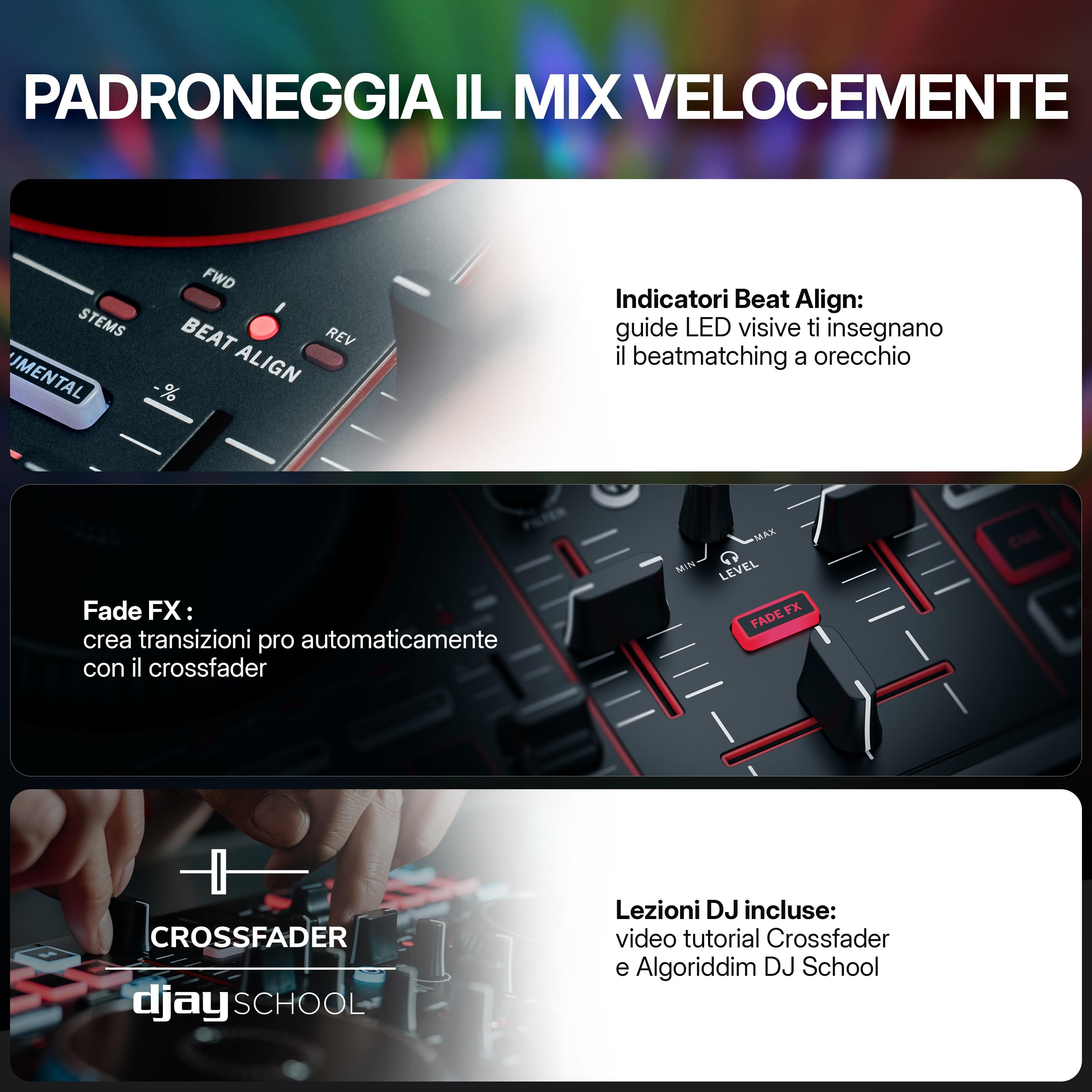 Numark Party Mix III Controller DJ Bluetooth con Luci Integrate | Beat Assist, Smart Fader, 16 pad, mixer DJ 2 deck, controllo Stems, USB-C, Serato DJ Lite e Algoriddim djay inclusi