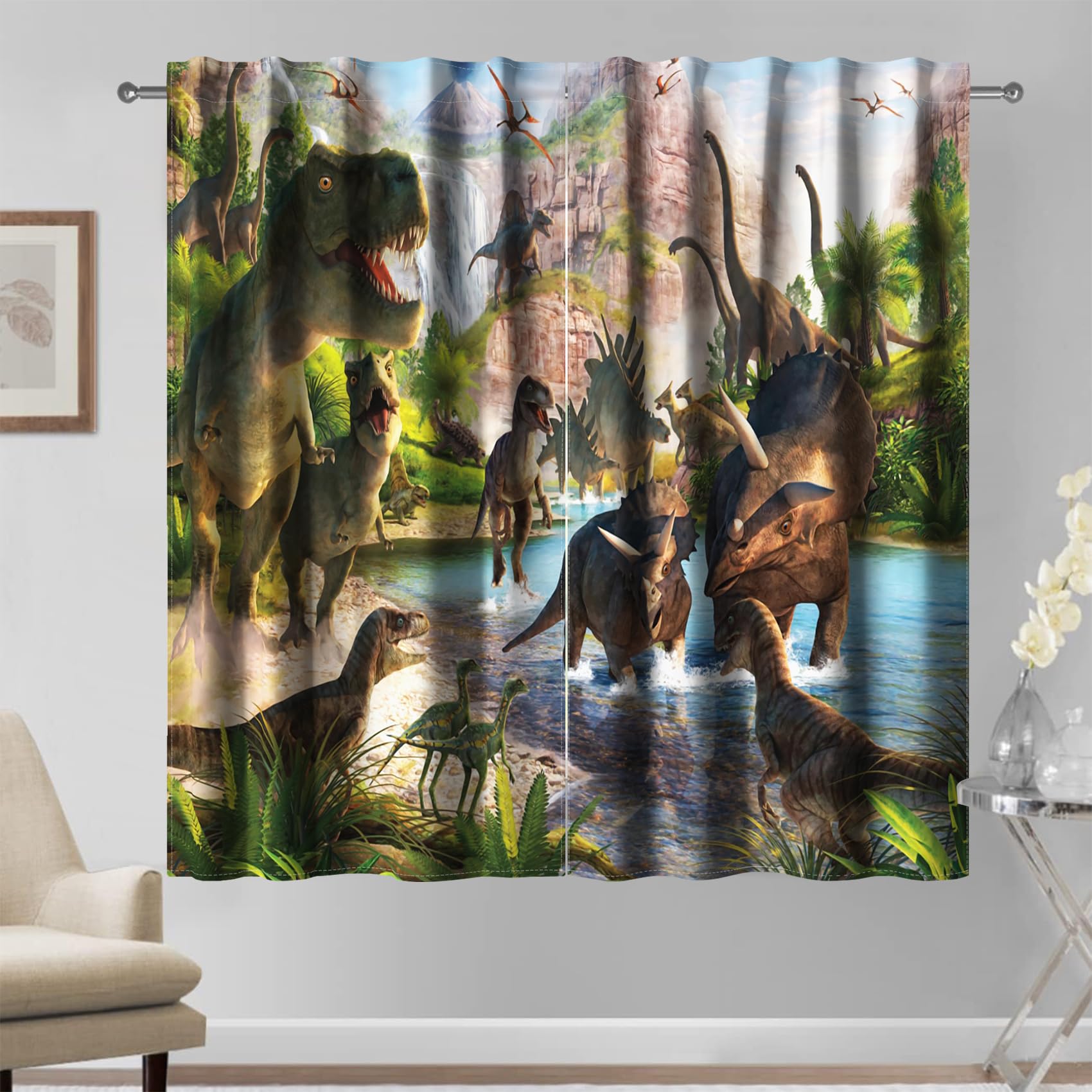 Kzzfqxb Cortinas de Dibujos Animados de 117x138cm 2 Paneles, diseño de Dinosaurios de la era jurásica Bosque río, decoración de fantasía para Dormitorio Infantil guardería y Sala de Estar