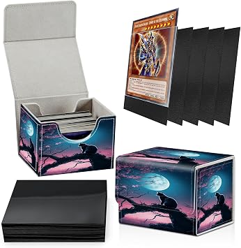 Card Deck Box Plus 100 Counts Matte Black Card Sleeves, Cat Moon Sakura for Collectible MTG TCG CCG Card Storage Box Horizontal Holds 100+ Single Sleeved Cards, Leather Game Card Box Organizer