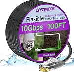 Cat 6 Outdoor Slim Ethernet Cable 50 ft, 10Gbps Cat6 Patch Cable Waterproof Direct Burial LLDPE UV Jacket, Internet Network Cable Pure Copper Support POE, Black