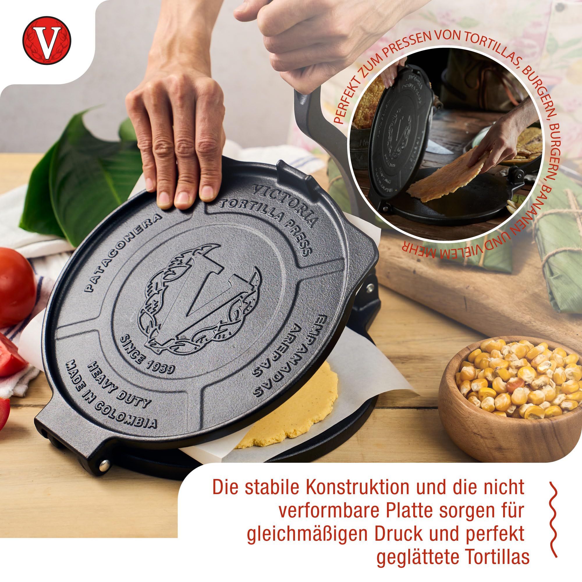 Victoria Tortilla Presse Gusseisen 20 cm Professionelle Roti Maker für Tacos Arepas Quesadillas