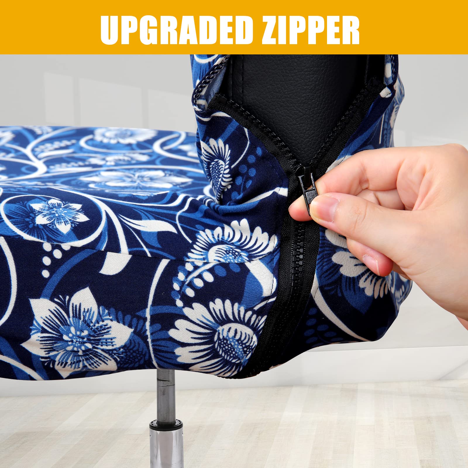 Funda protectora para silla de oficina, cubierta estampada y elástica para silla, removible, lavable, resistente al polvo con cremallera, ajuste universal (grande, floral azul marino) 3