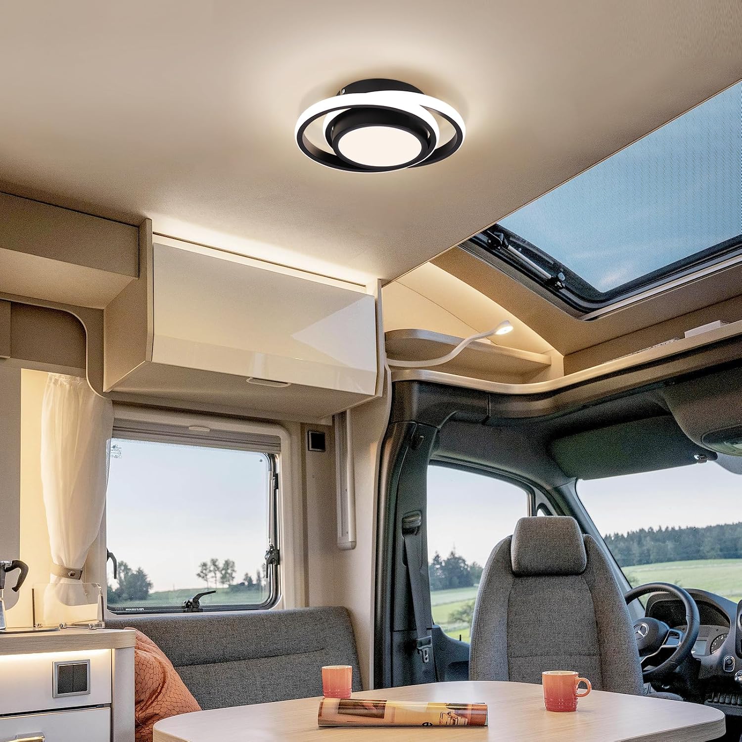 12V RV Lights Interior Modern LED Ceiling Light Fixtures 2 Rings Creative Design with Switch for RV Camper Trailer Boat Van