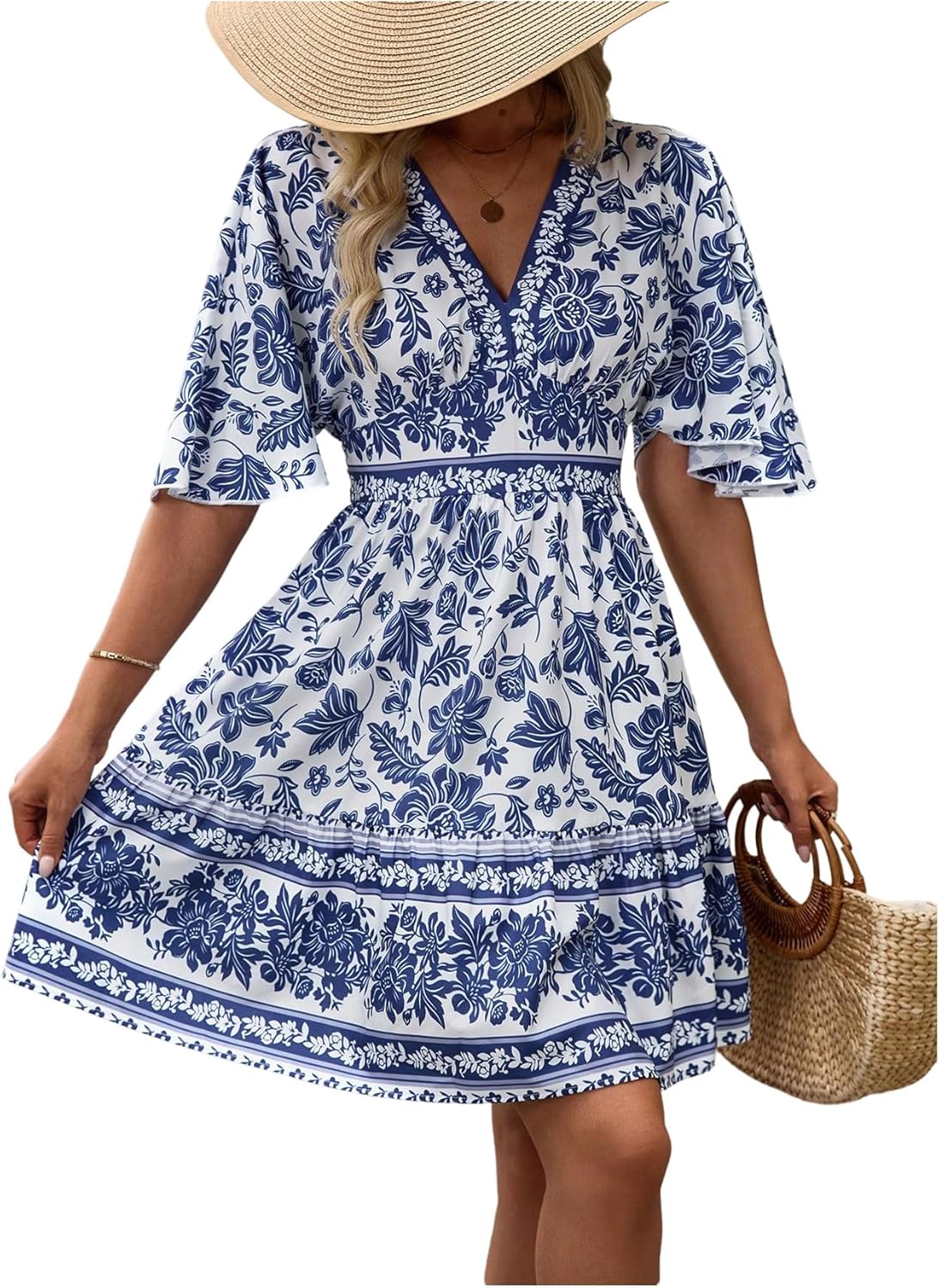 Floerns Women's Floral A Line Dress Butterfly Sleeve V Neck Beach Vacation Short Dresses