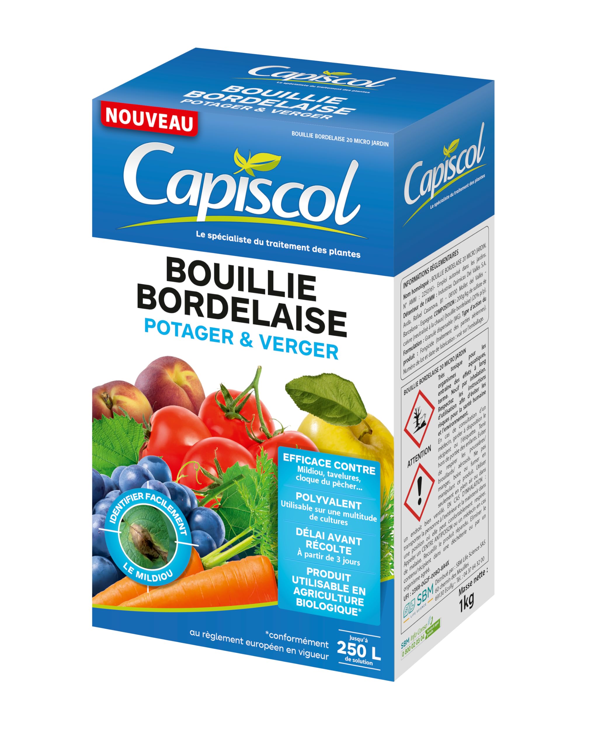CAPISCOL Bouillie Bordelaise - Granulés - 250L de Solution - 1Kg | Fongicide Polyvalent - Préventif & Traditionnel - Mildiou, Tavelure, Cloque du Pêcher - Coloration Bleue - BB1000