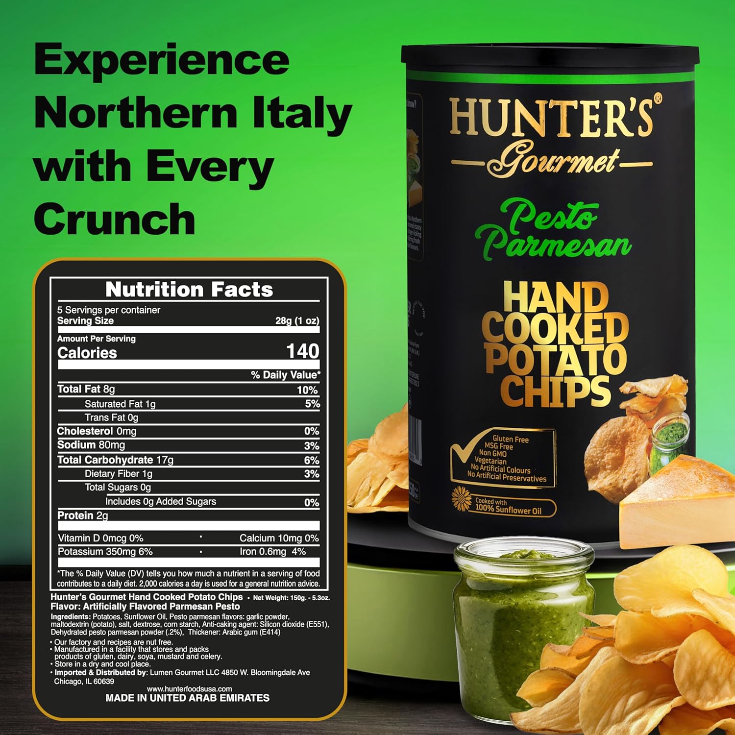 Hunter's Gourmet Hand-Cooked Chips | Made in a Nut-Free Facility | Premium Gourmet Snack | Travel Friendly | No Artificial Colors | Non-GMO | Pesto Parmesan Flavor | Vegetarian | Pack of 4 | 150g
